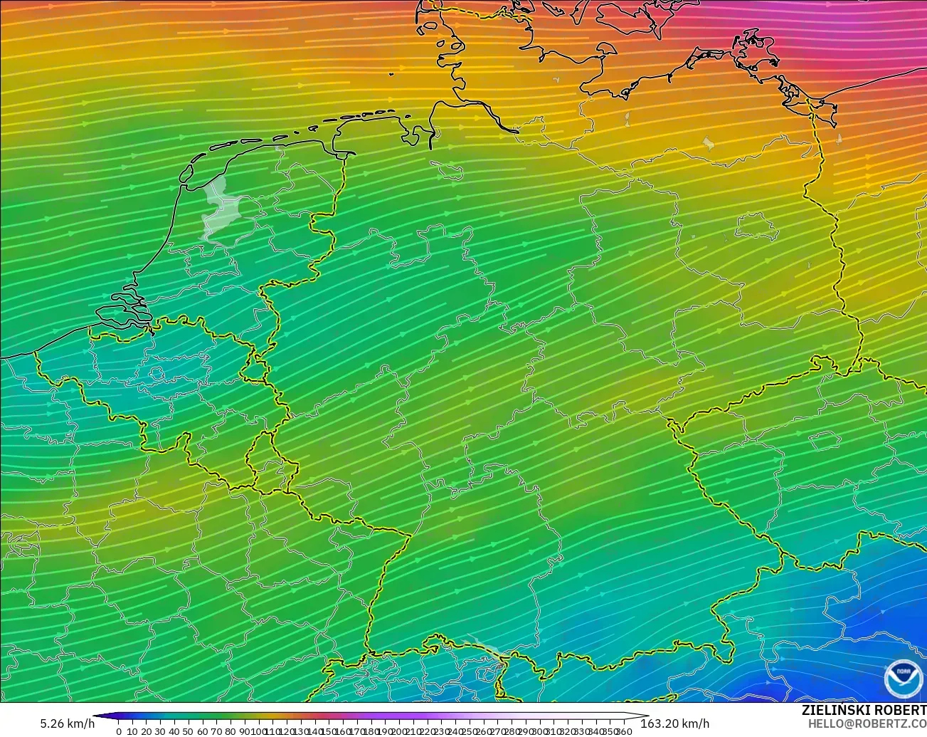 GFS modelo - Alemania, Viento a 300 hPa (corriente en chorro)