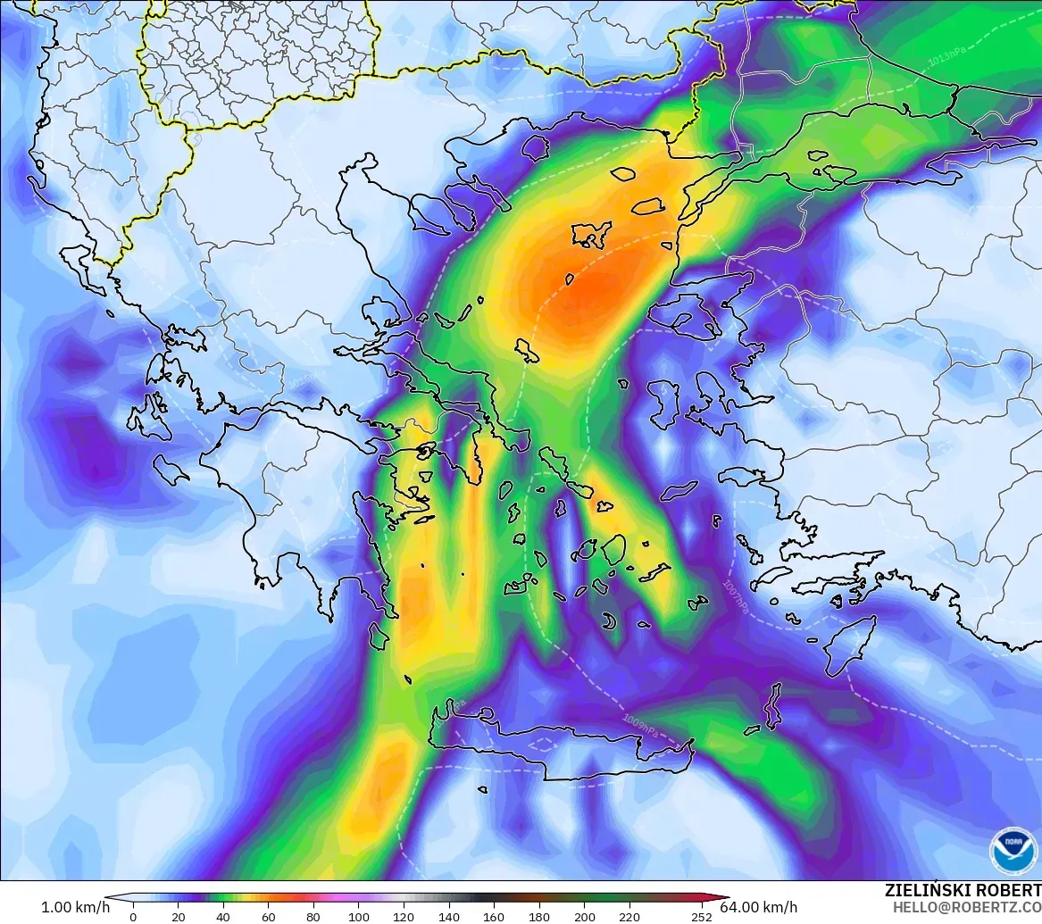GFS modelo - Grecia, Ráfagas de Viento Máximas