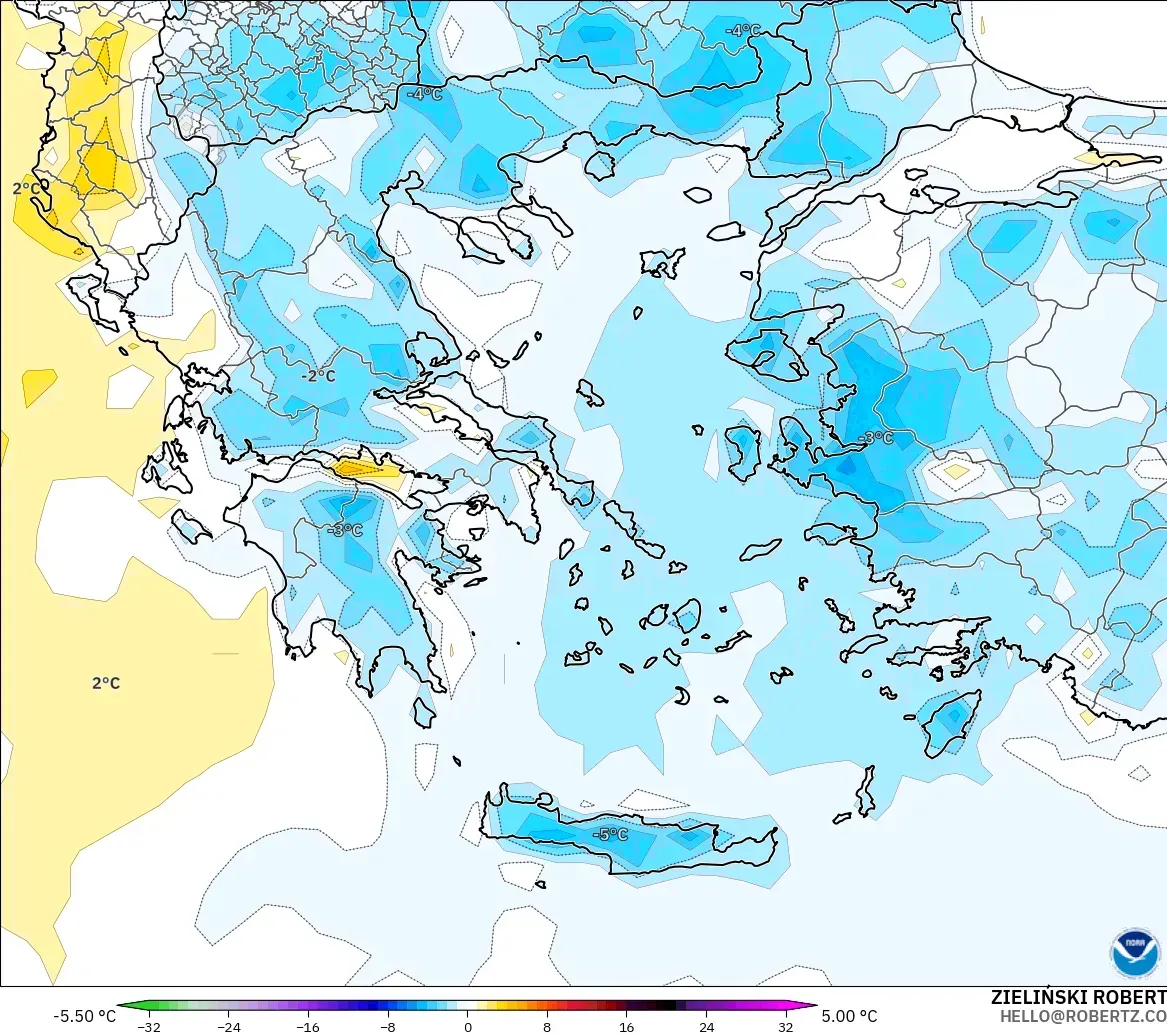 GFS modelo - Grecia, Anomalía de temperatura a 2 m
