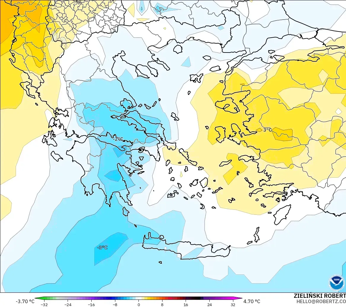 GFS modelo - Grecia, Anomalía de temperatura a 850 hPa