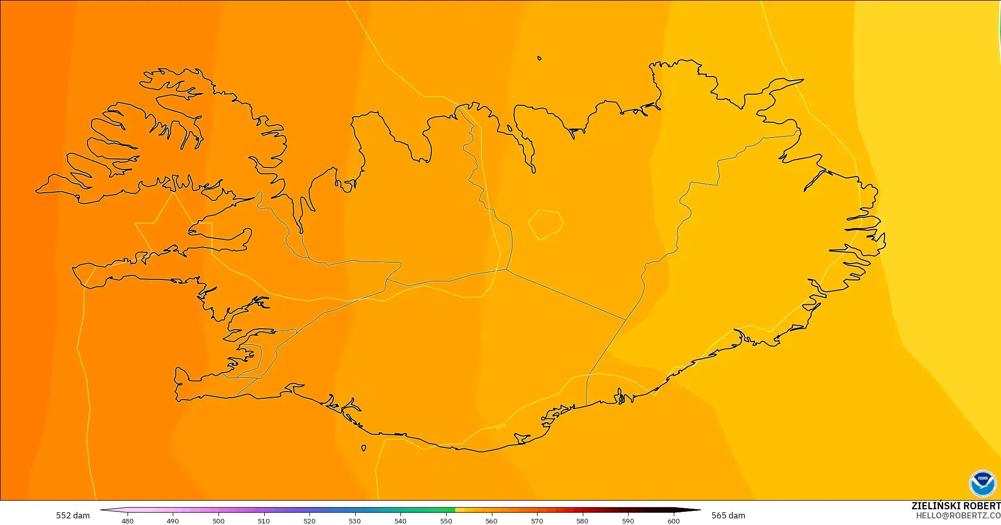 GFS modelo - Islandia, Altura geopotencial a 500 hPa