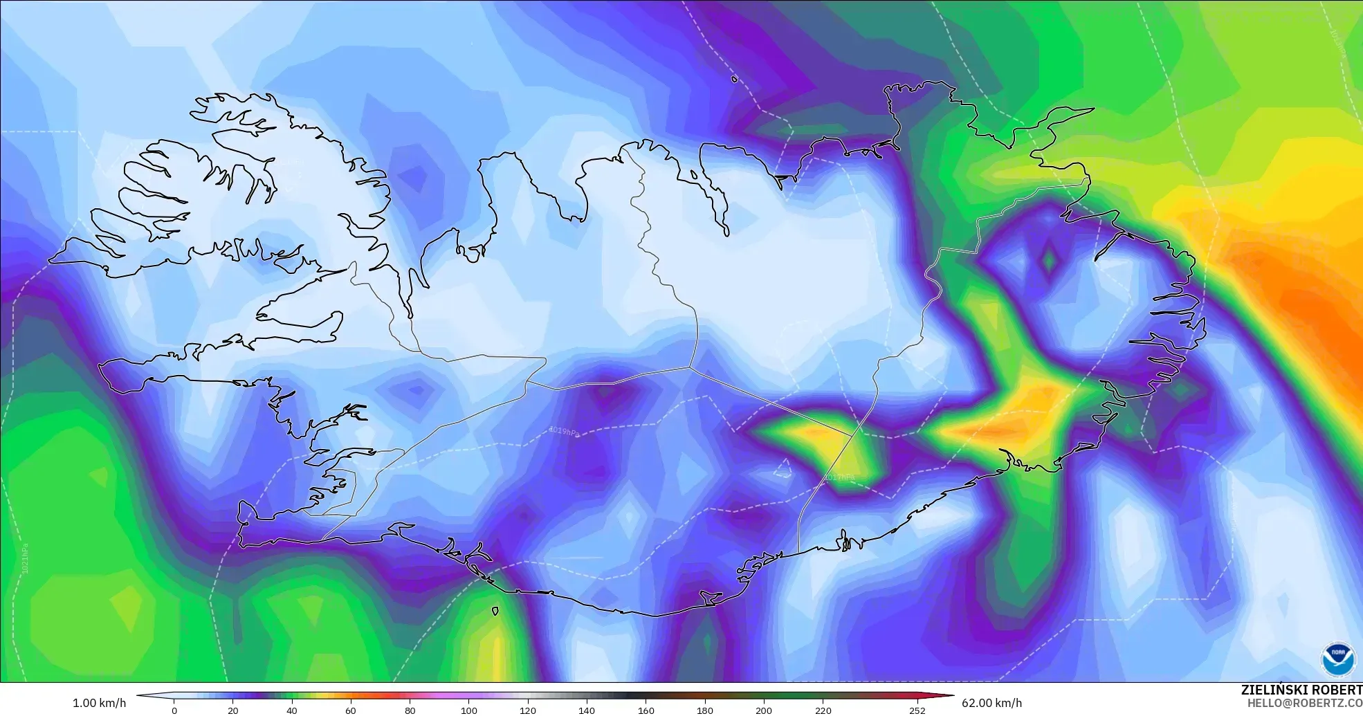 GFS modelo - Islandia, Ráfagas de Viento Máximas