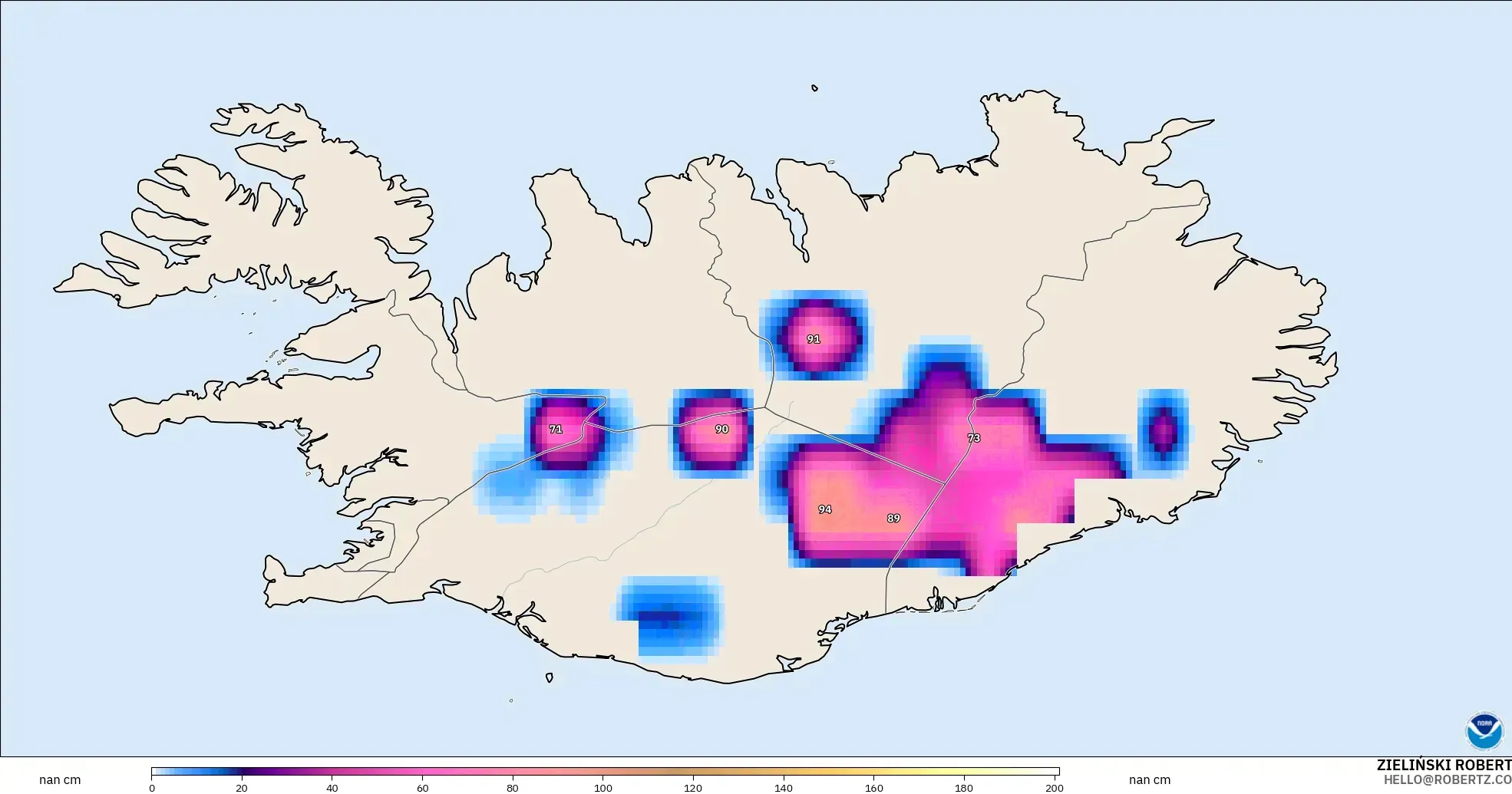 GFS modelo - Islandia, Profundidad de nieve