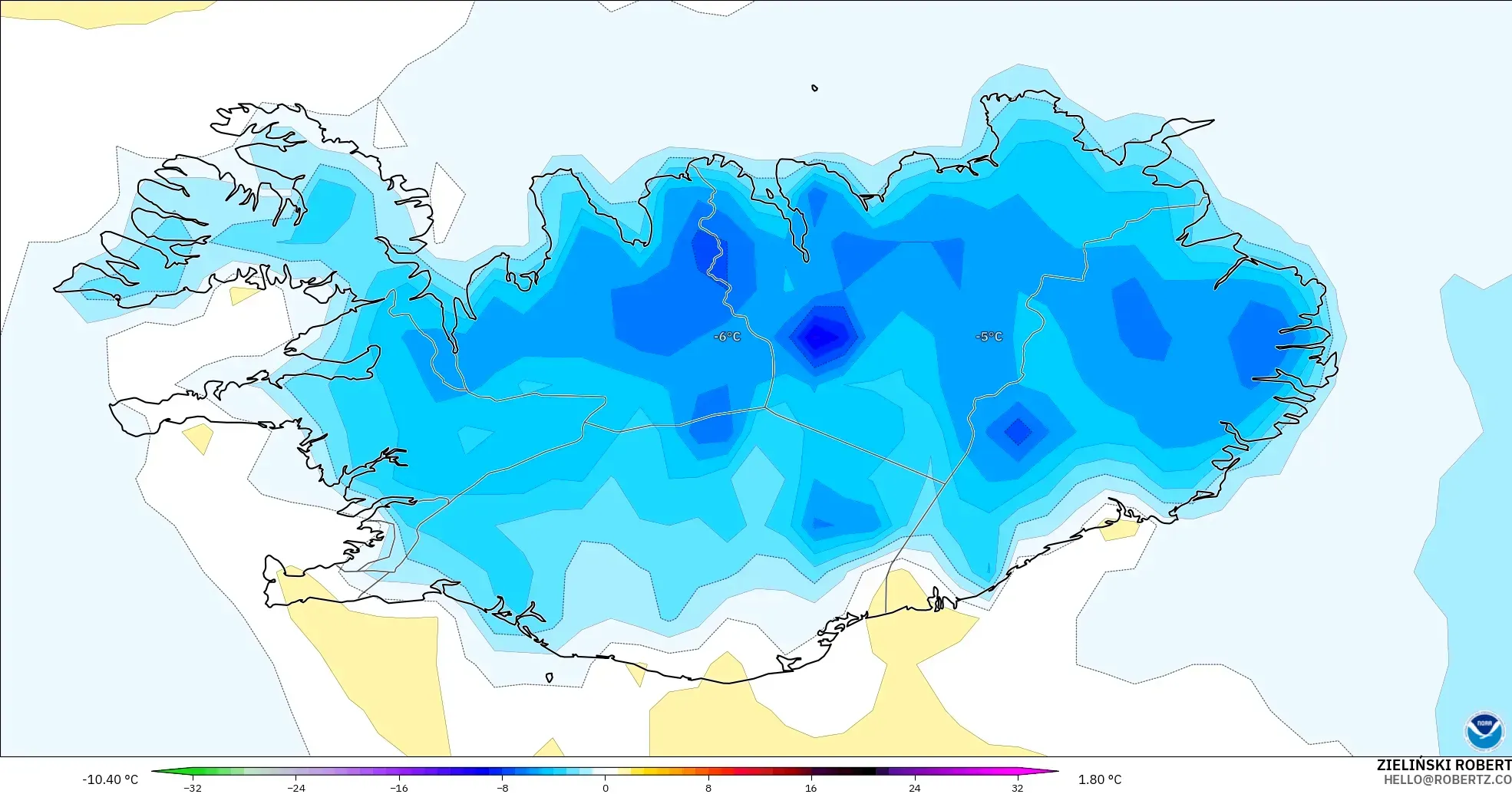 GFS modelo - Islandia, Anomalía de temperatura a 2 m