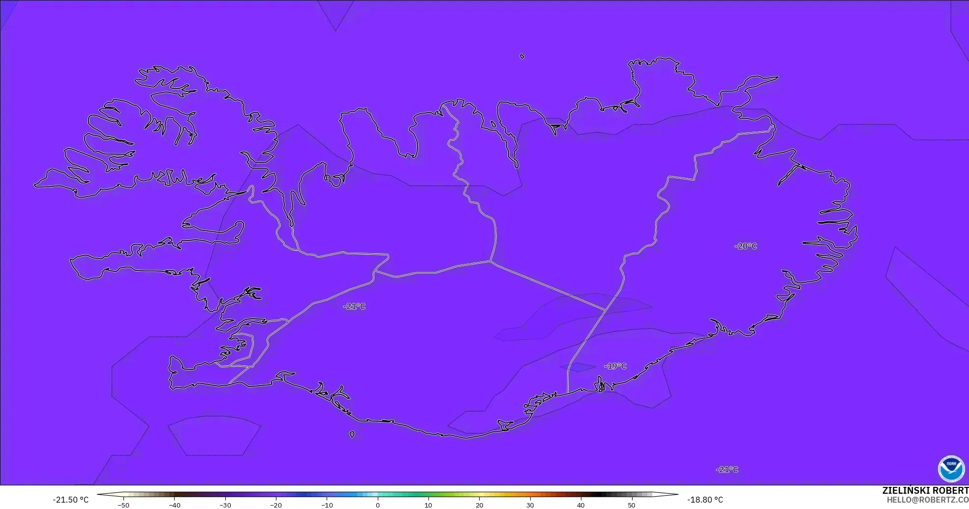 GFS modelo - Islandia, Temperatura a 500 hPa