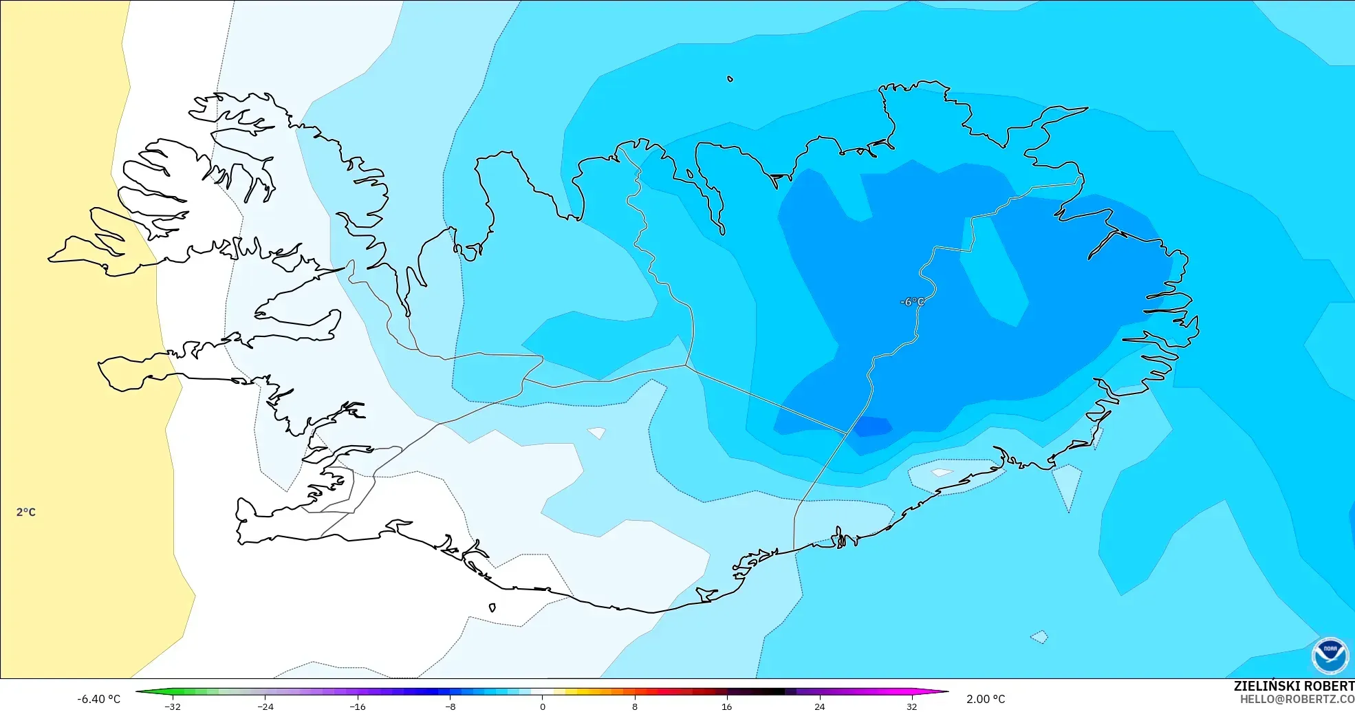GFS modelo - Islandia, Anomalía de temperatura a 850 hPa