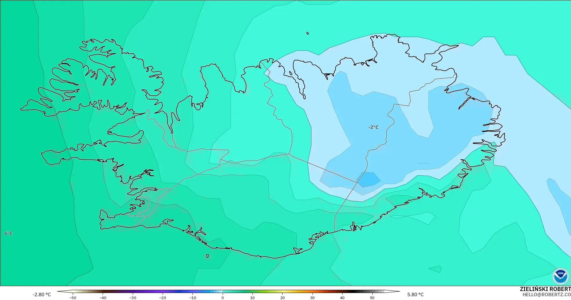 GFS modelo - Islandia, Temperatura a 850 hPa