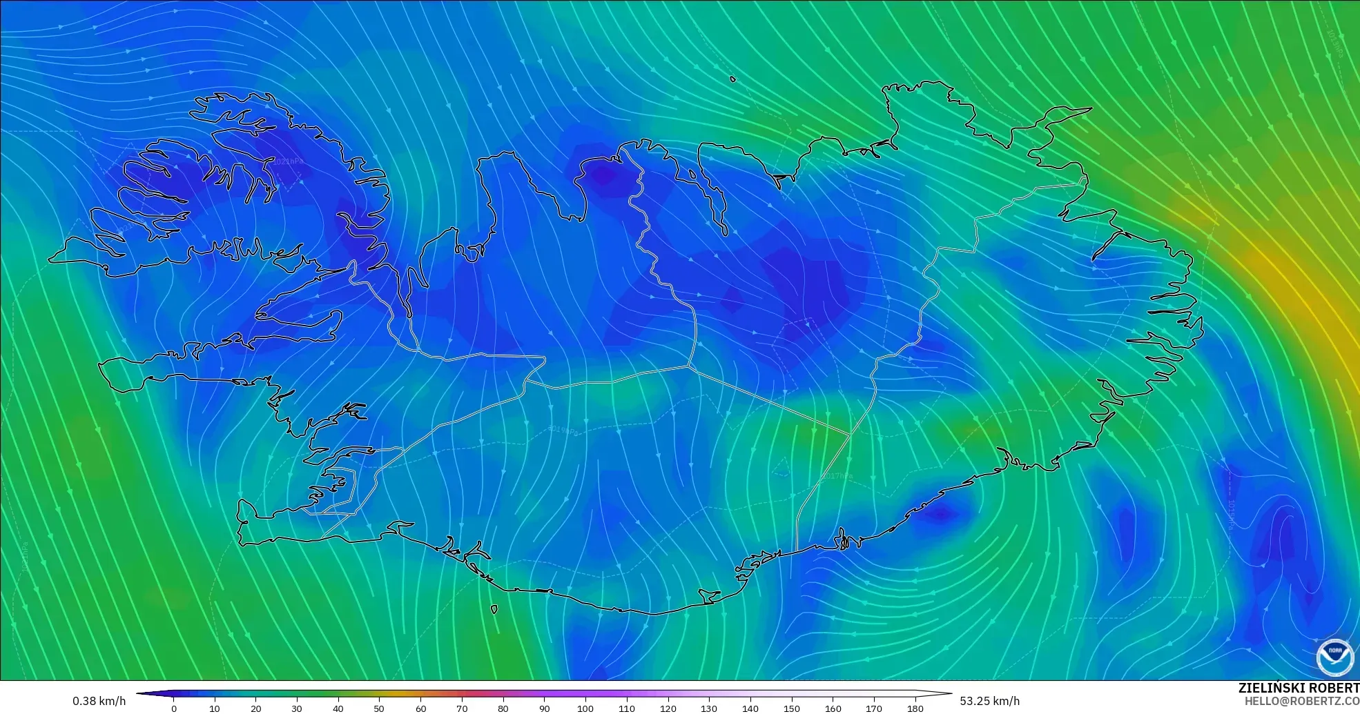 GFS modelo - Islandia, Viento a 10 m