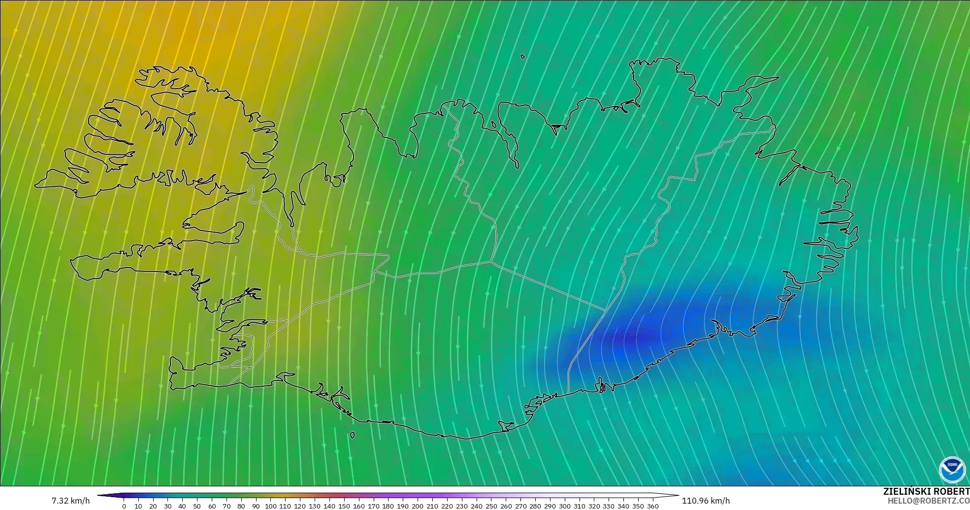 GFS modelo - Islandia, Viento a 300 hPa (corriente en chorro)
