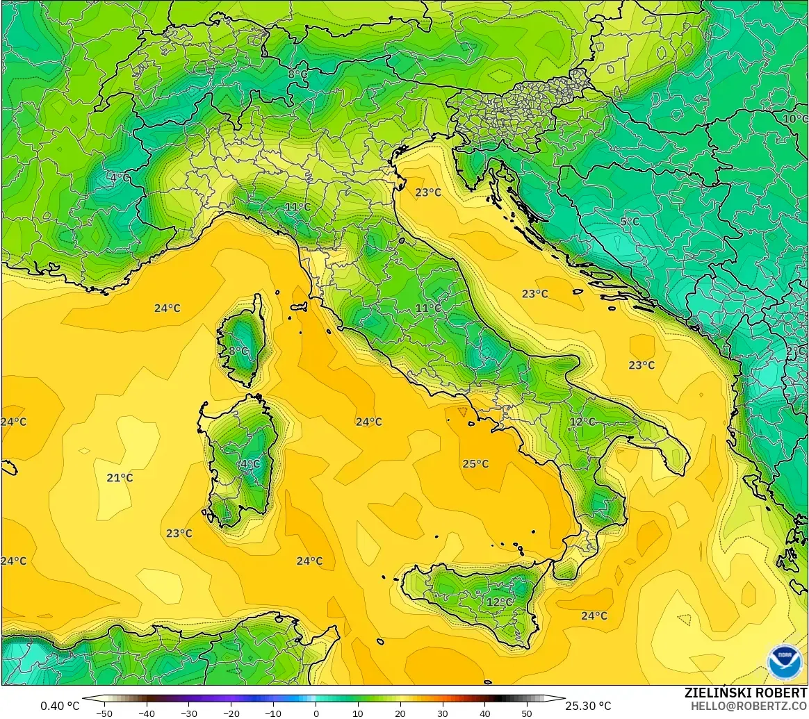 GFS modelo - Italia, Punto de rocío a 2 m