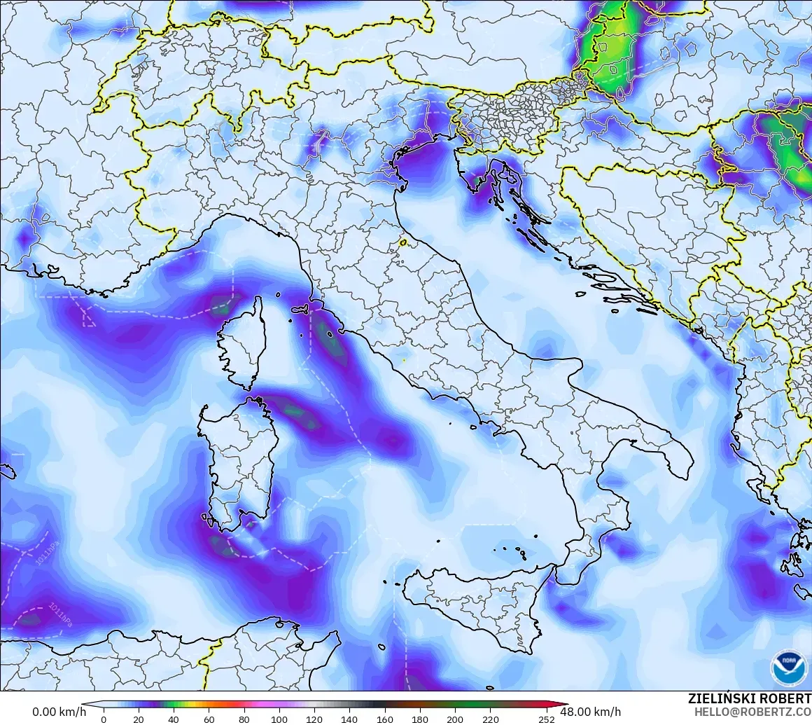 GFS modelo - Italia, Ráfagas de Viento Máximas