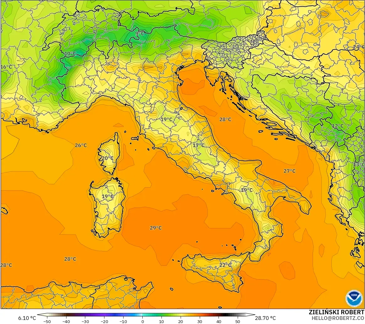 GFS modelo - Italia, Temperatura a 2 m
