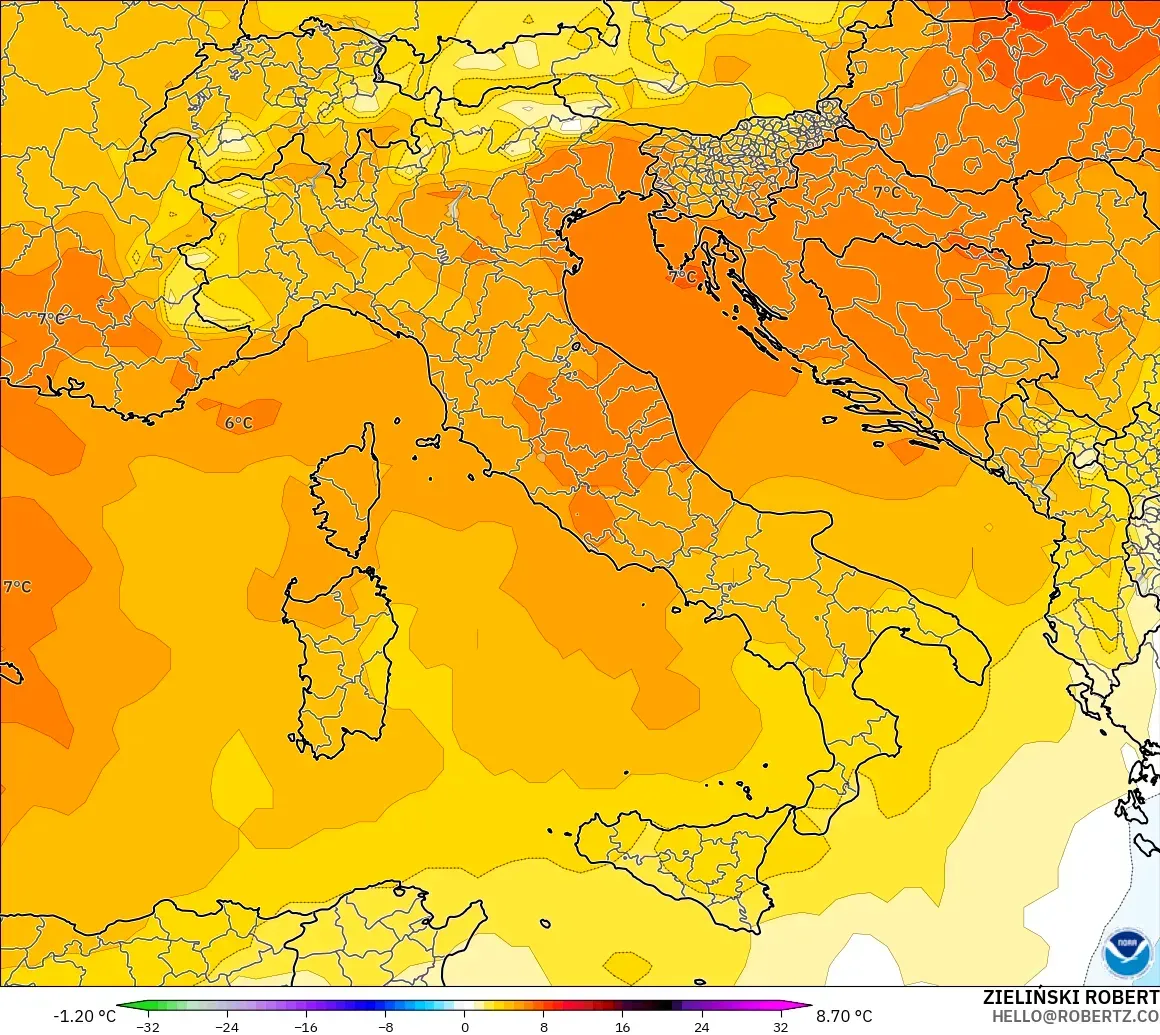 GFS modelo - Italia, Anomalía de temperatura a 850 hPa
