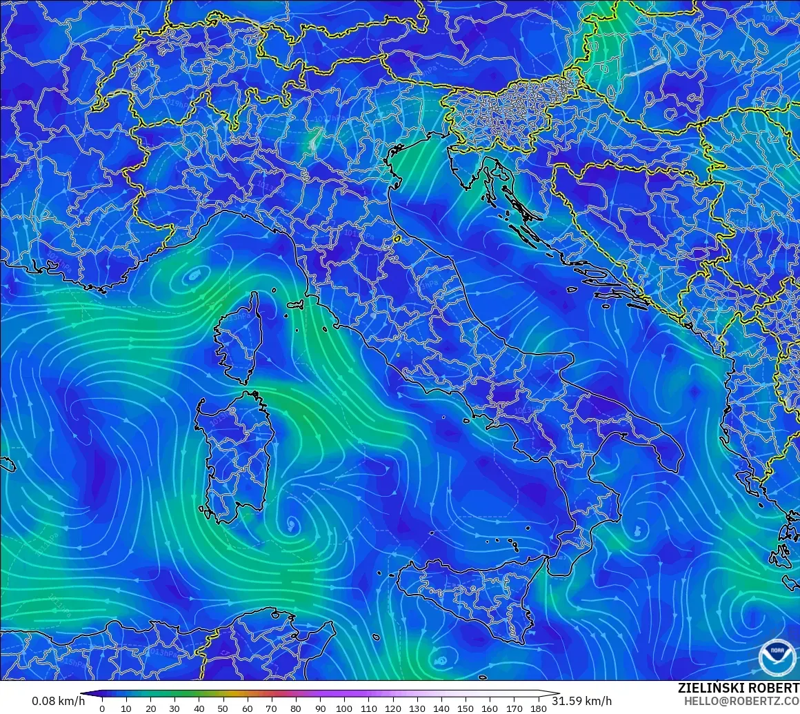 GFS modelo - Italia, Viento a 10 m