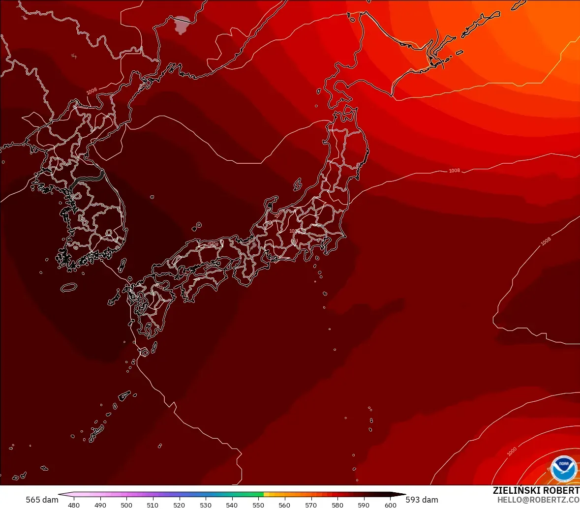 GFS modelo - Japón, Altura geopotencial a 500 hPa