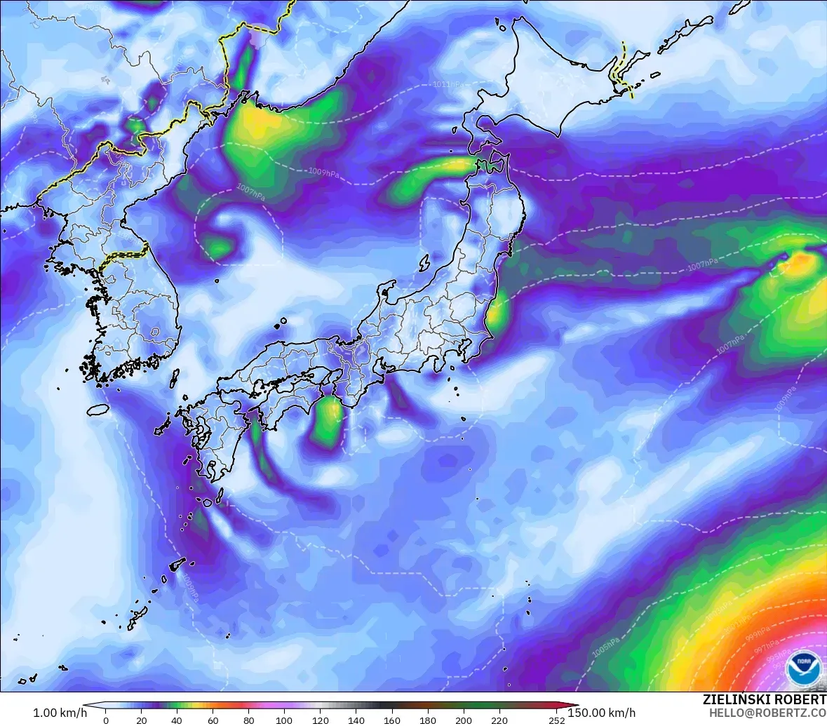 GFS modelo - Japón, Ráfagas de Viento Máximas