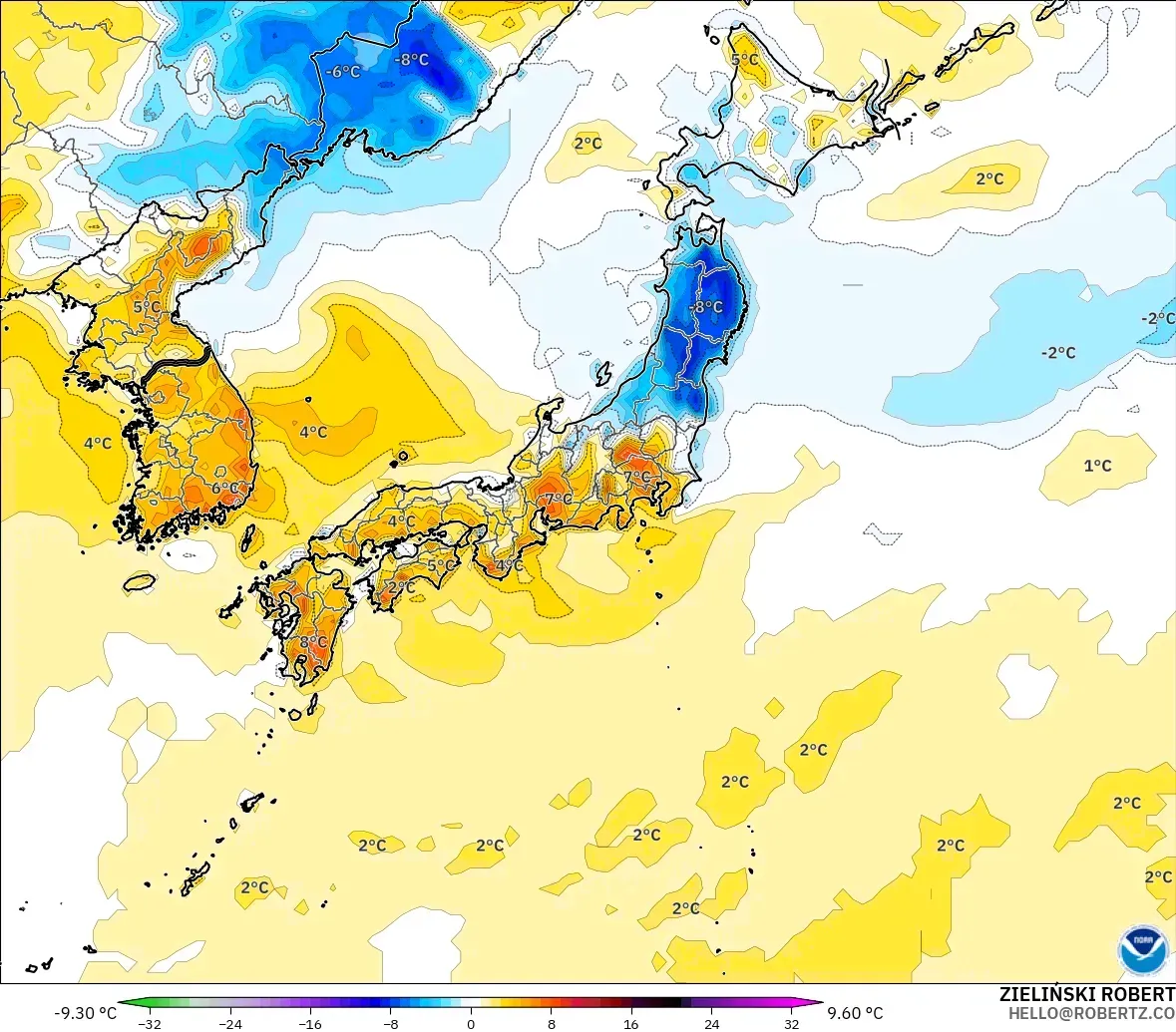 GFS modelo - Japón, Anomalía de temperatura a 2 m