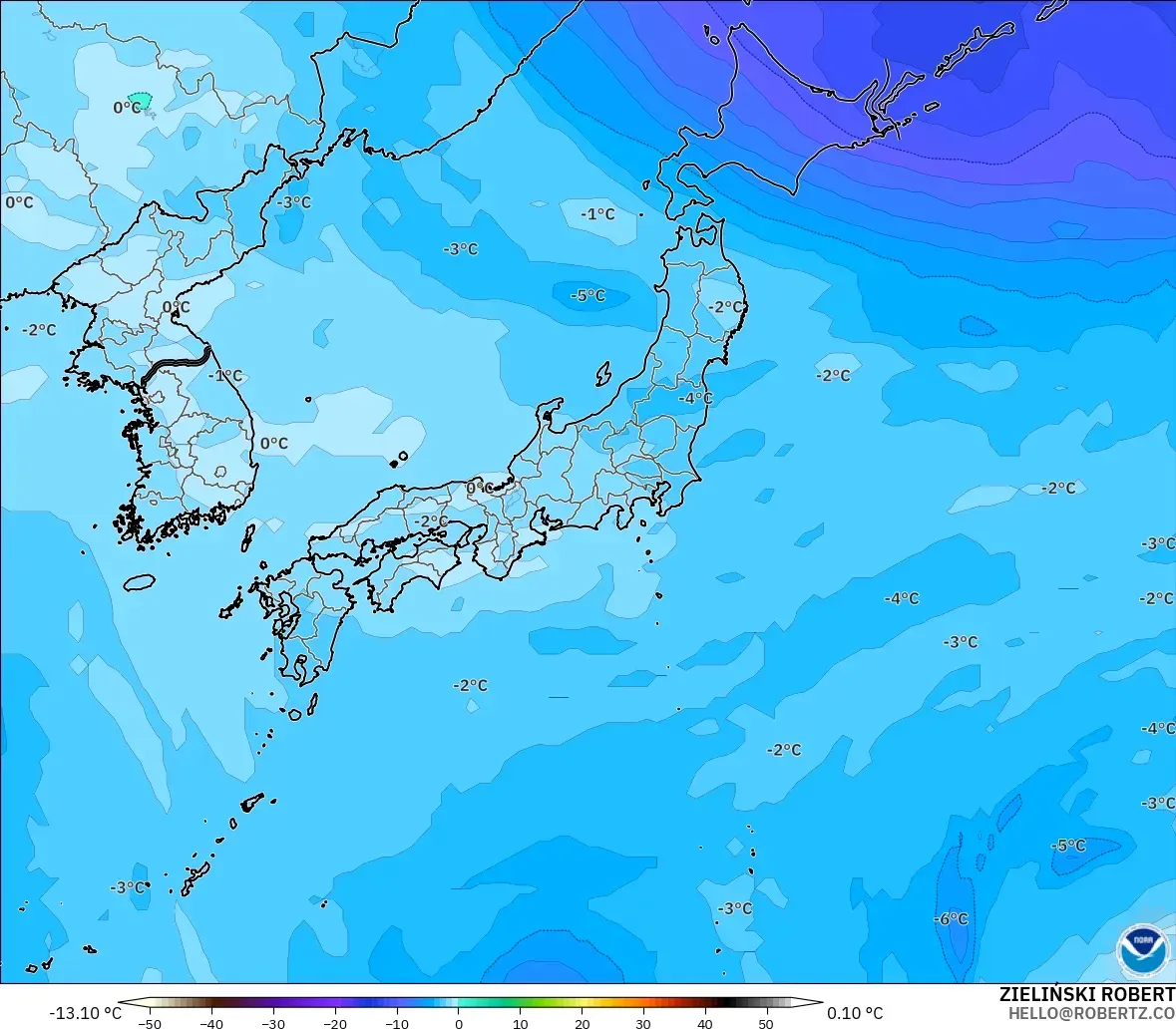 GFS modelo - Japón, Temperatura a 500 hPa