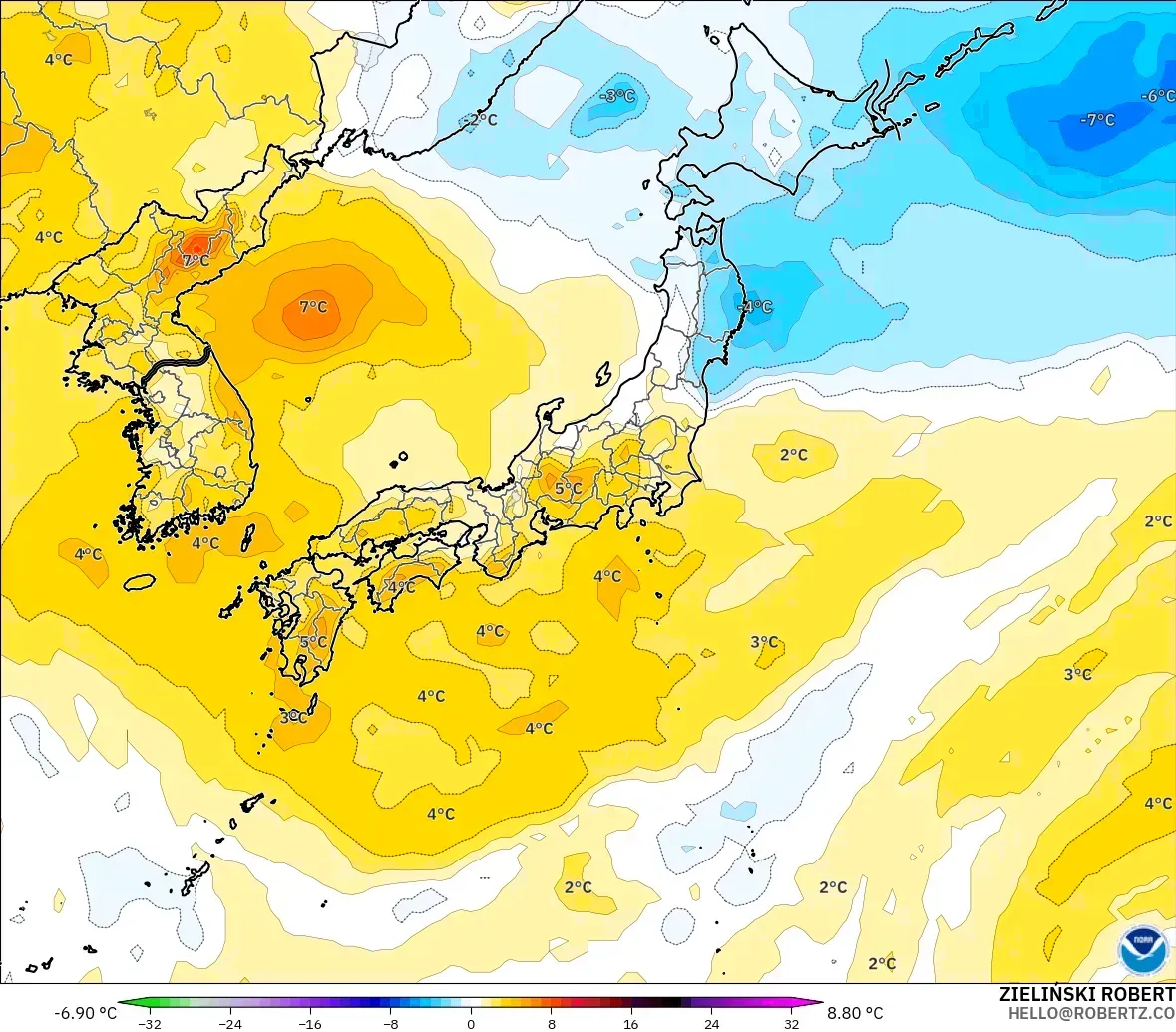 GFS modelo - Japón, Anomalía de temperatura a 850 hPa