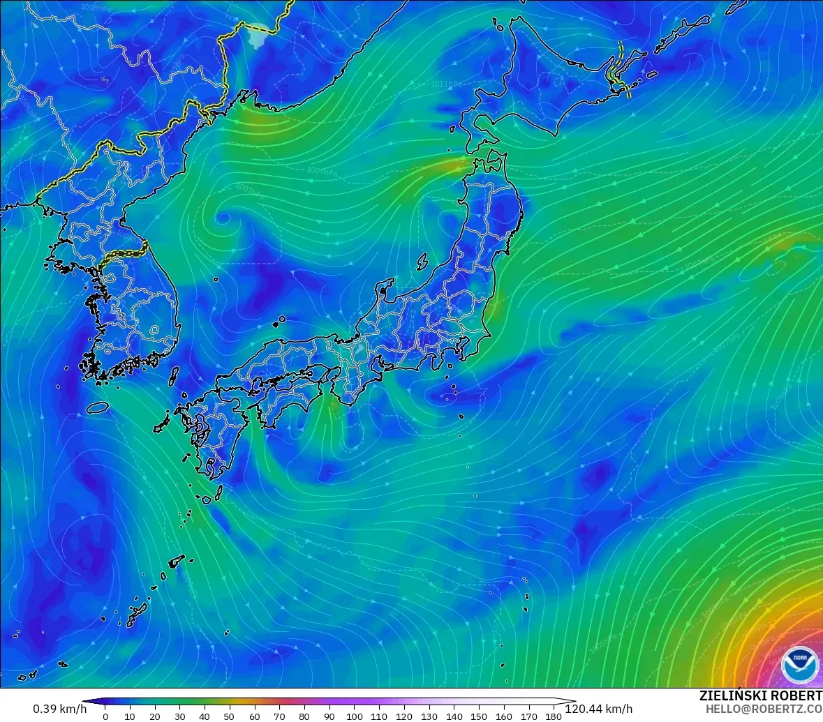 GFS modelo - Japón, Viento a 10 m