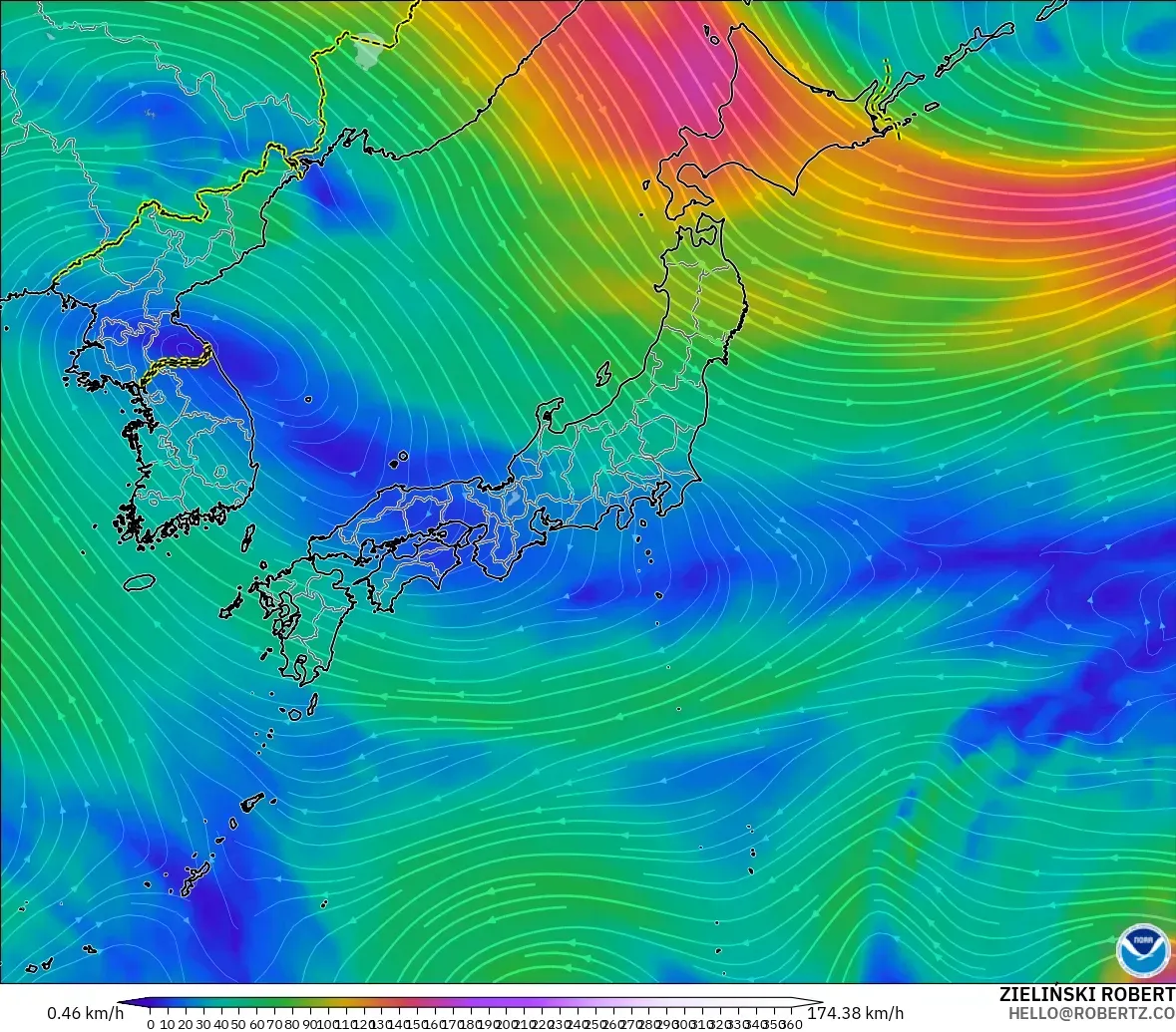 GFS modelo - Japón, Viento a 300 hPa (corriente en chorro)