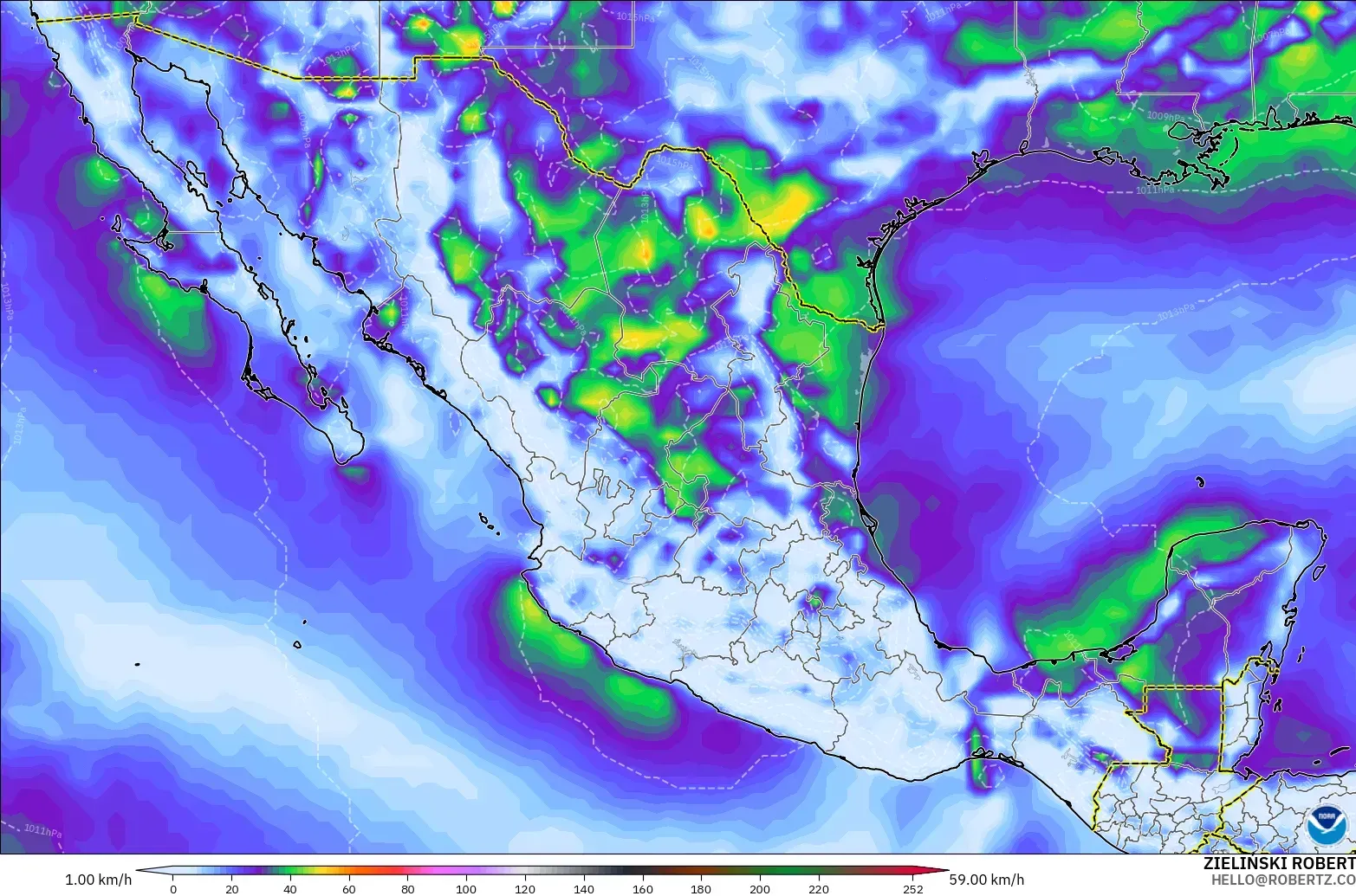 GFS modelo - México, Ráfagas de Viento Máximas