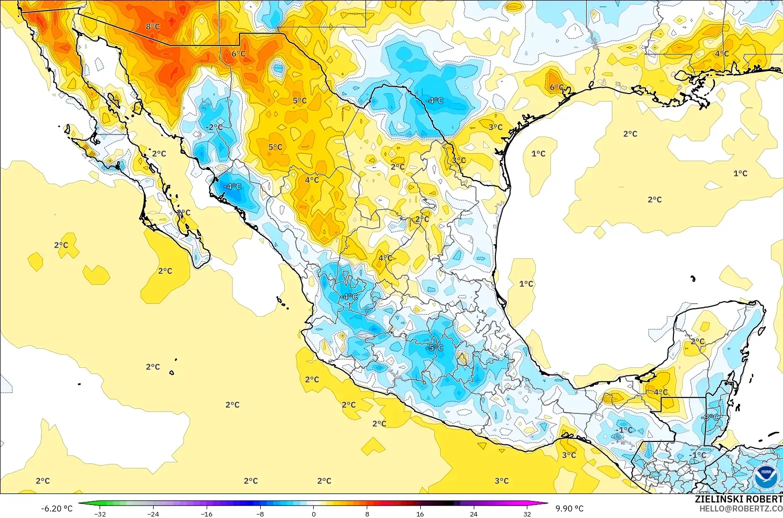 GFS modelo - México, Anomalía de temperatura a 2 m