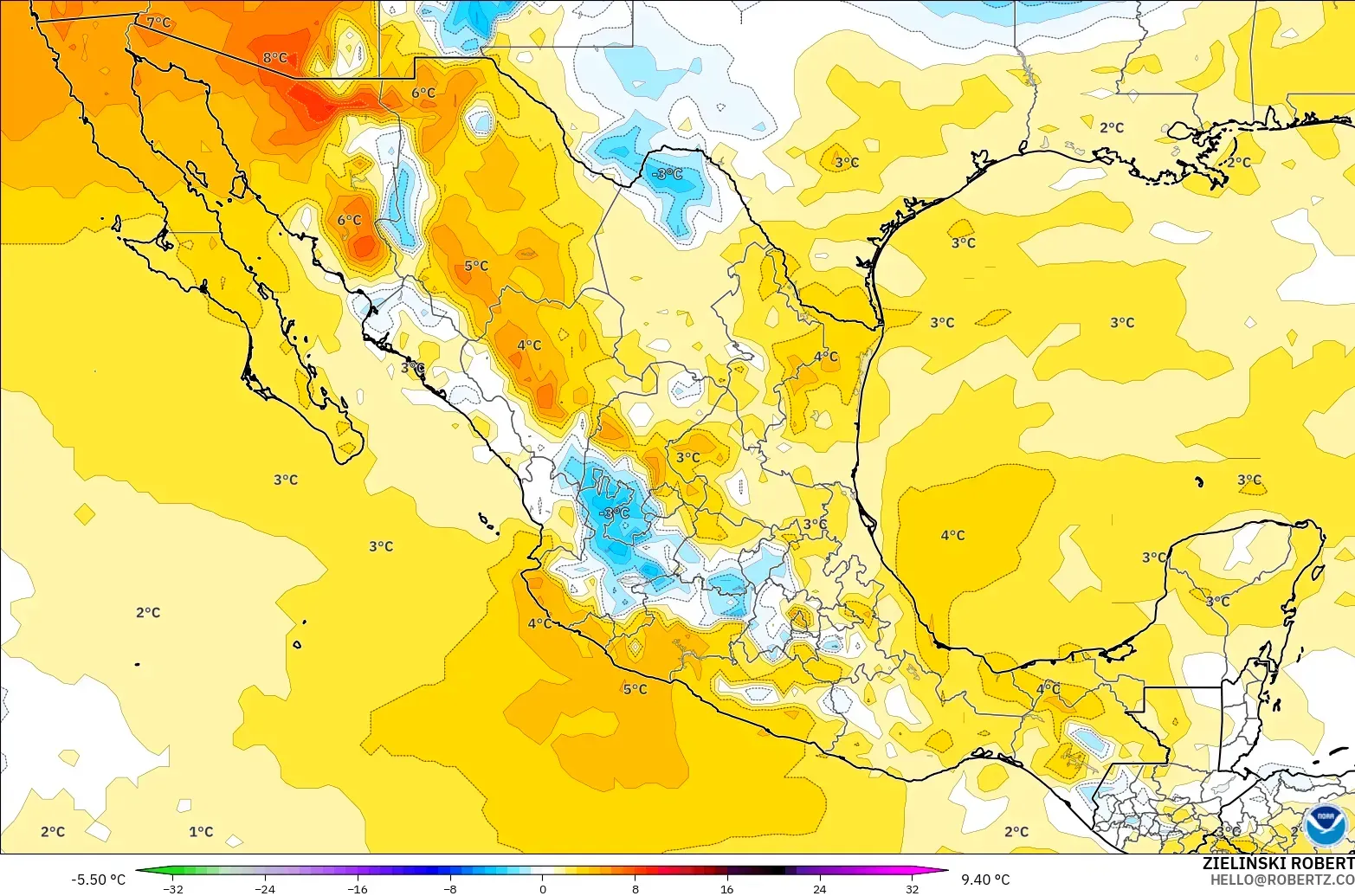 GFS modelo - México, Anomalía de temperatura a 850 hPa