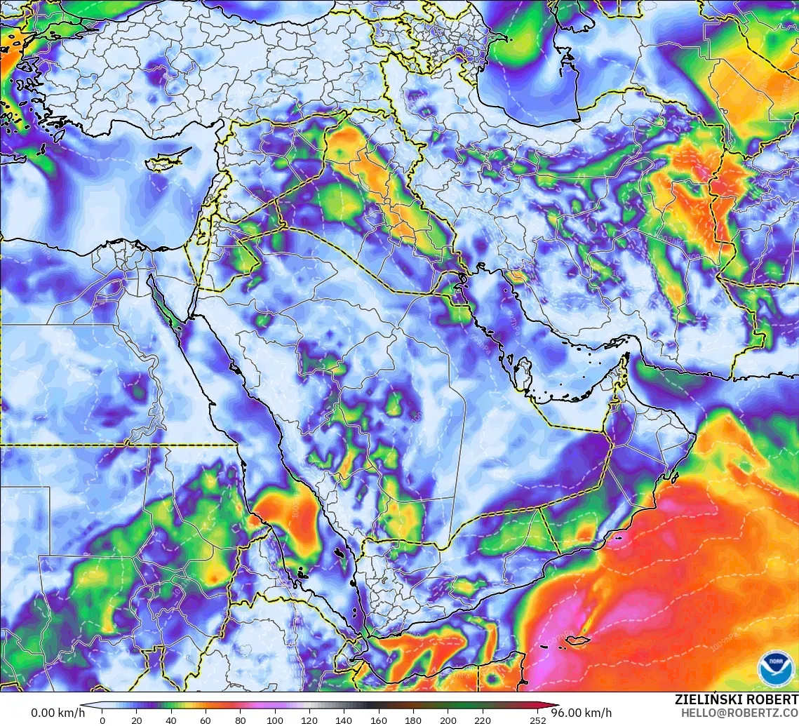 GFS modelo - Oriente Medio, Ráfagas de Viento Máximas