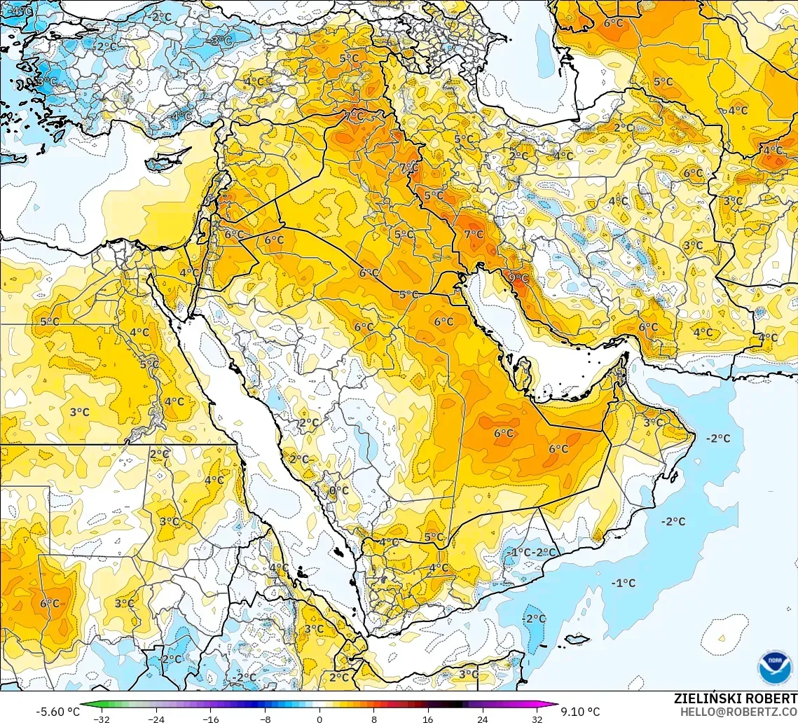 GFS modelo - Oriente Medio, Anomalía de temperatura a 2 m