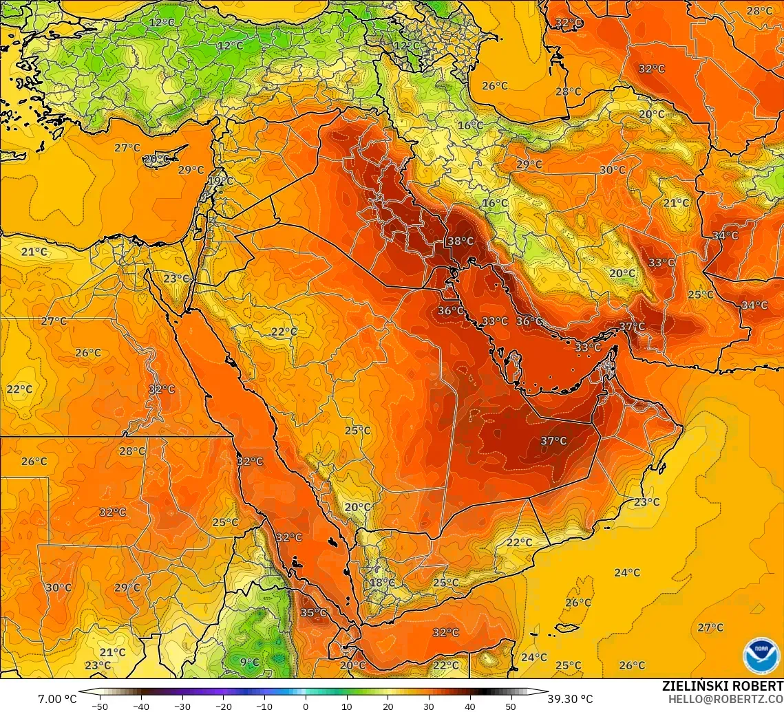 GFS modelo - Oriente Medio, Temperatura a 2 m