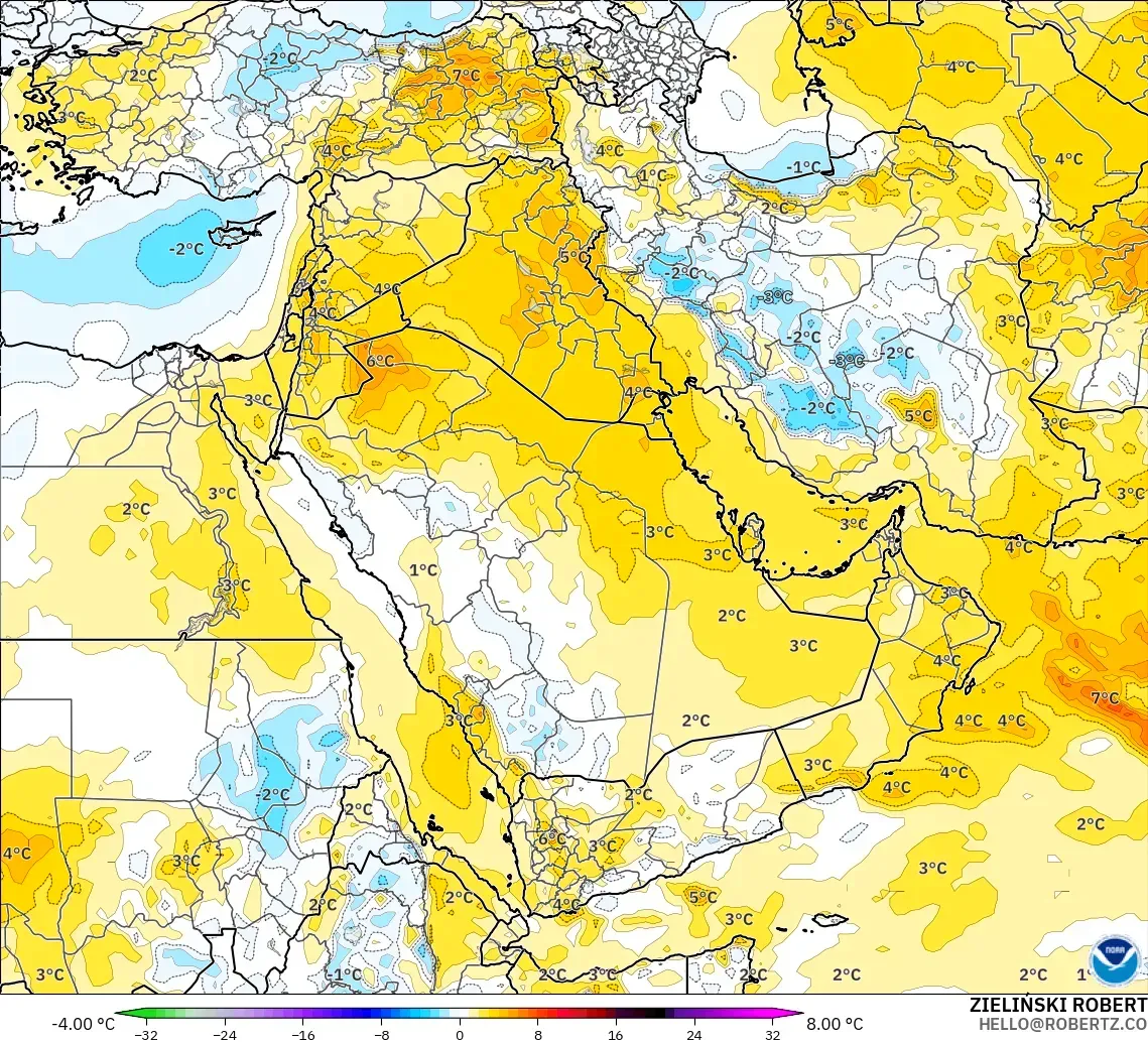 GFS modelo - Oriente Medio, Anomalía de temperatura a 850 hPa
