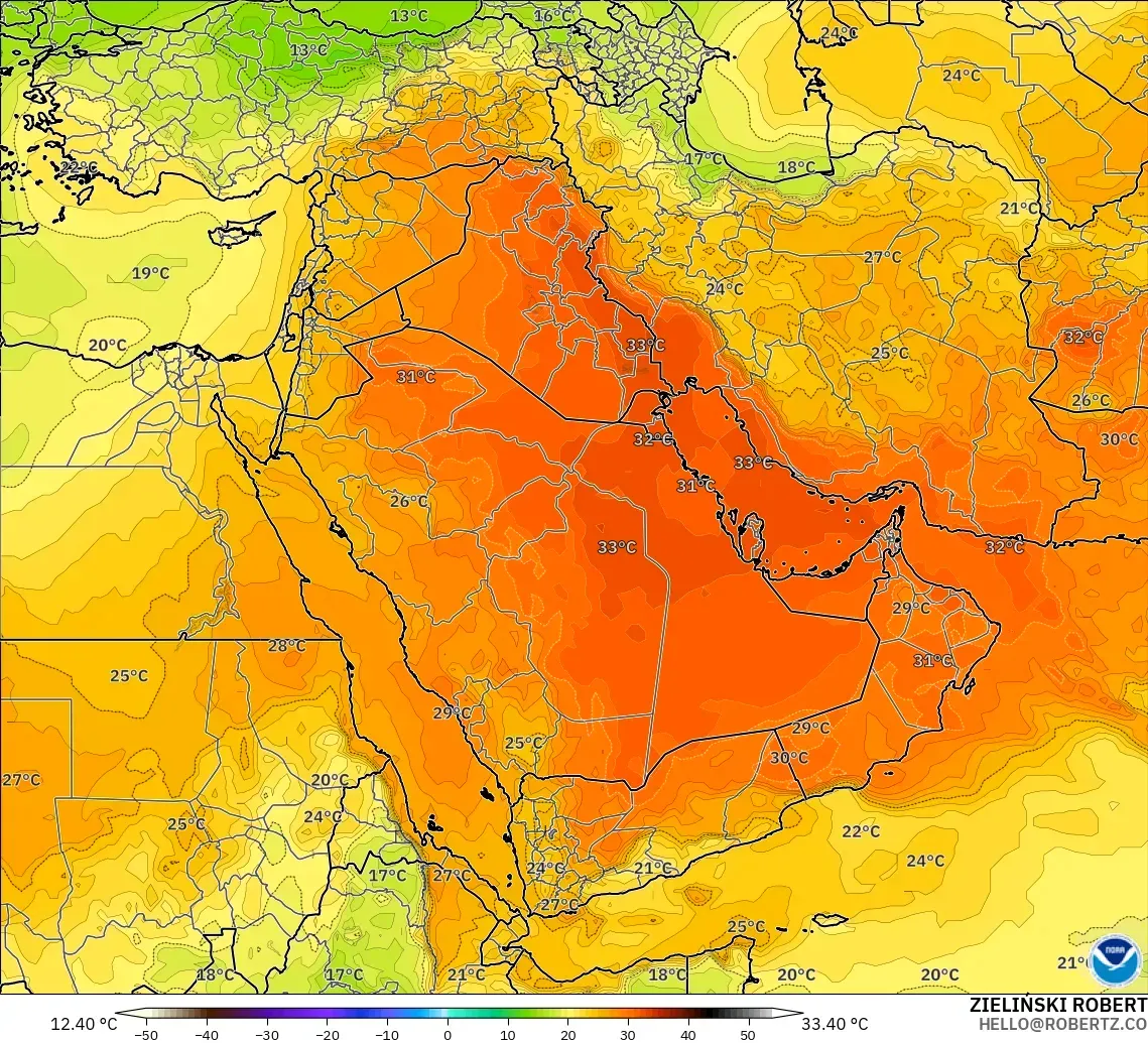 GFS modelo - Oriente Medio, Temperatura a 850 hPa