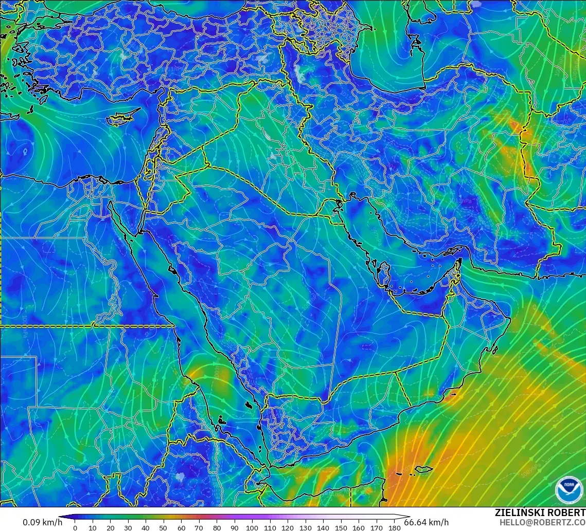 GFS modelo - Oriente Medio, Viento a 10 m