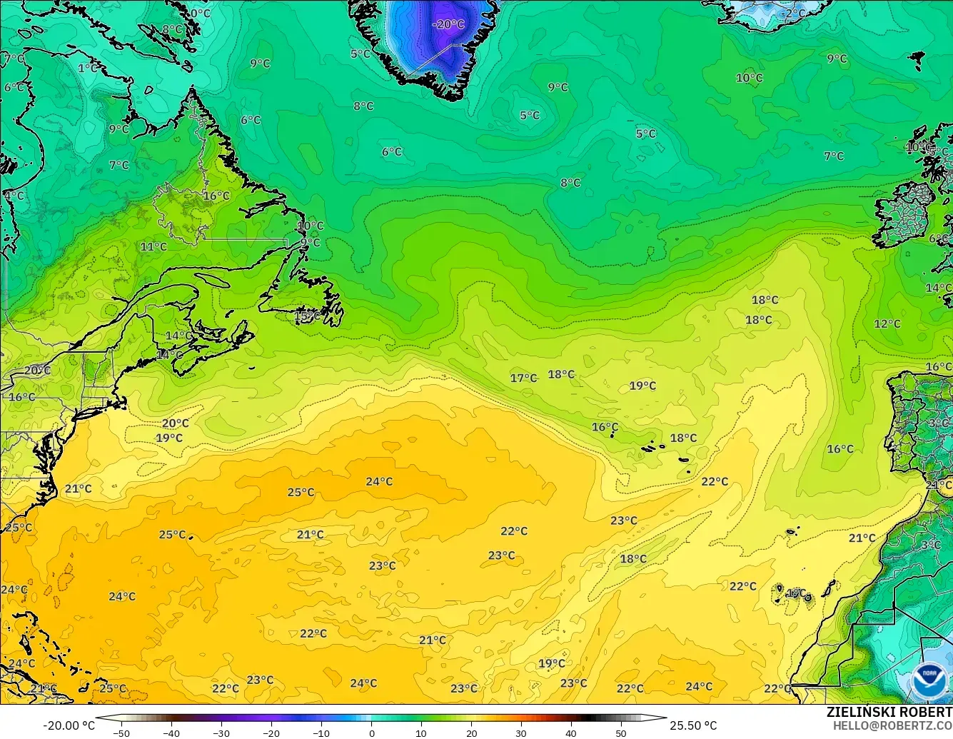 GFS modelo - Norte Atlántico, Punto de rocío a 2 m