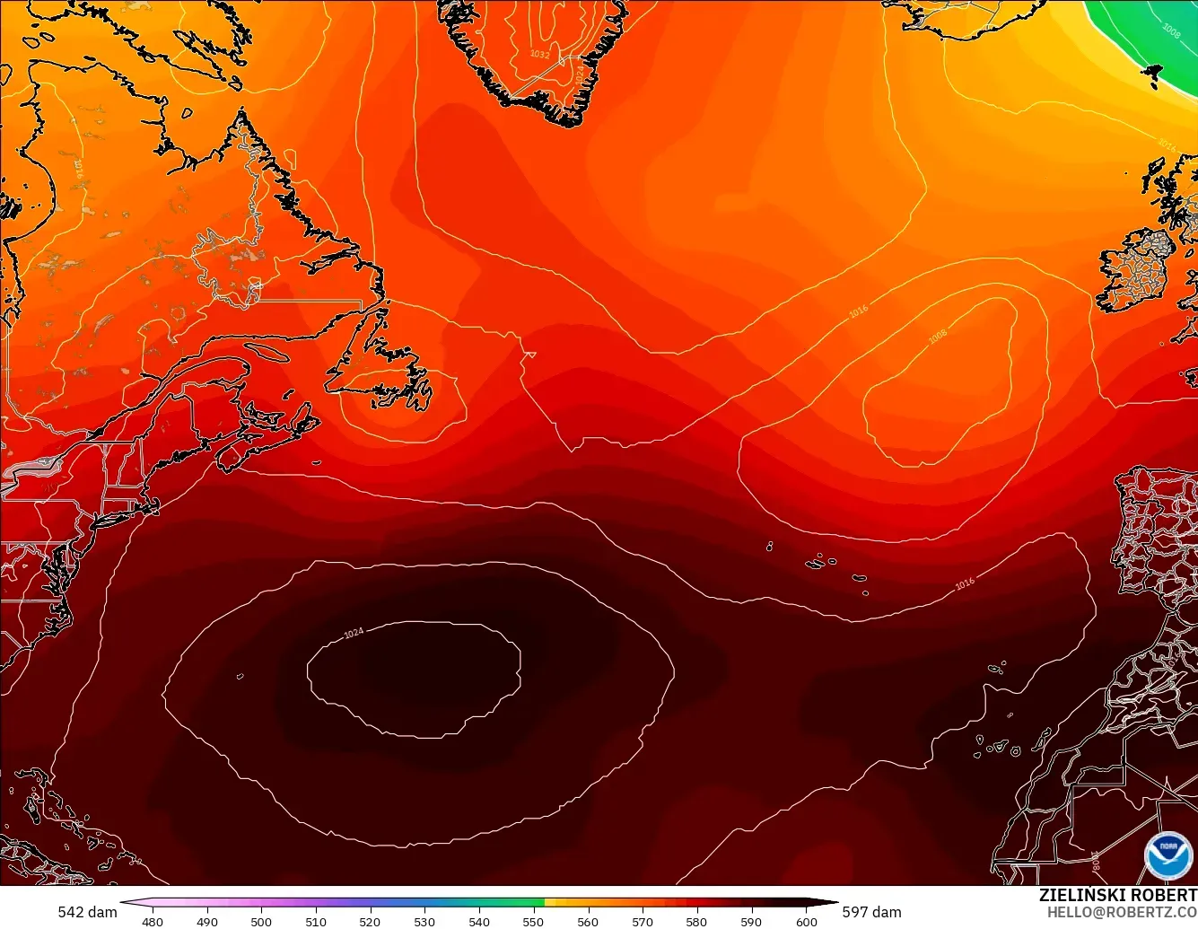 GFS modelo - Norte Atlántico, Altura geopotencial a 500 hPa
