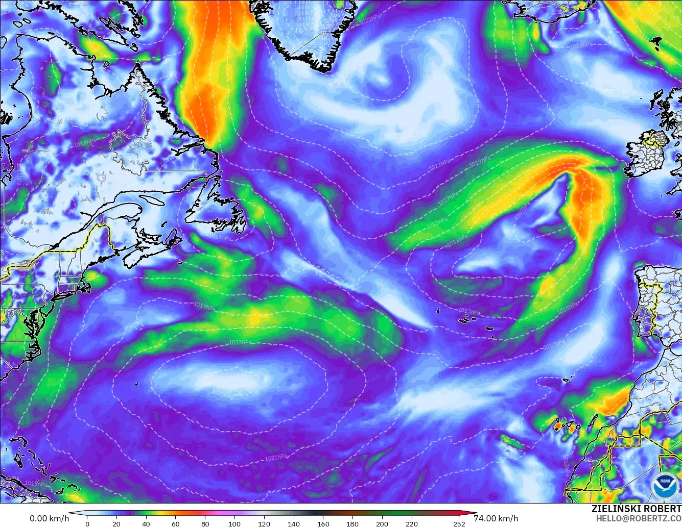 GFS modelo - Norte Atlántico, Ráfagas de viento