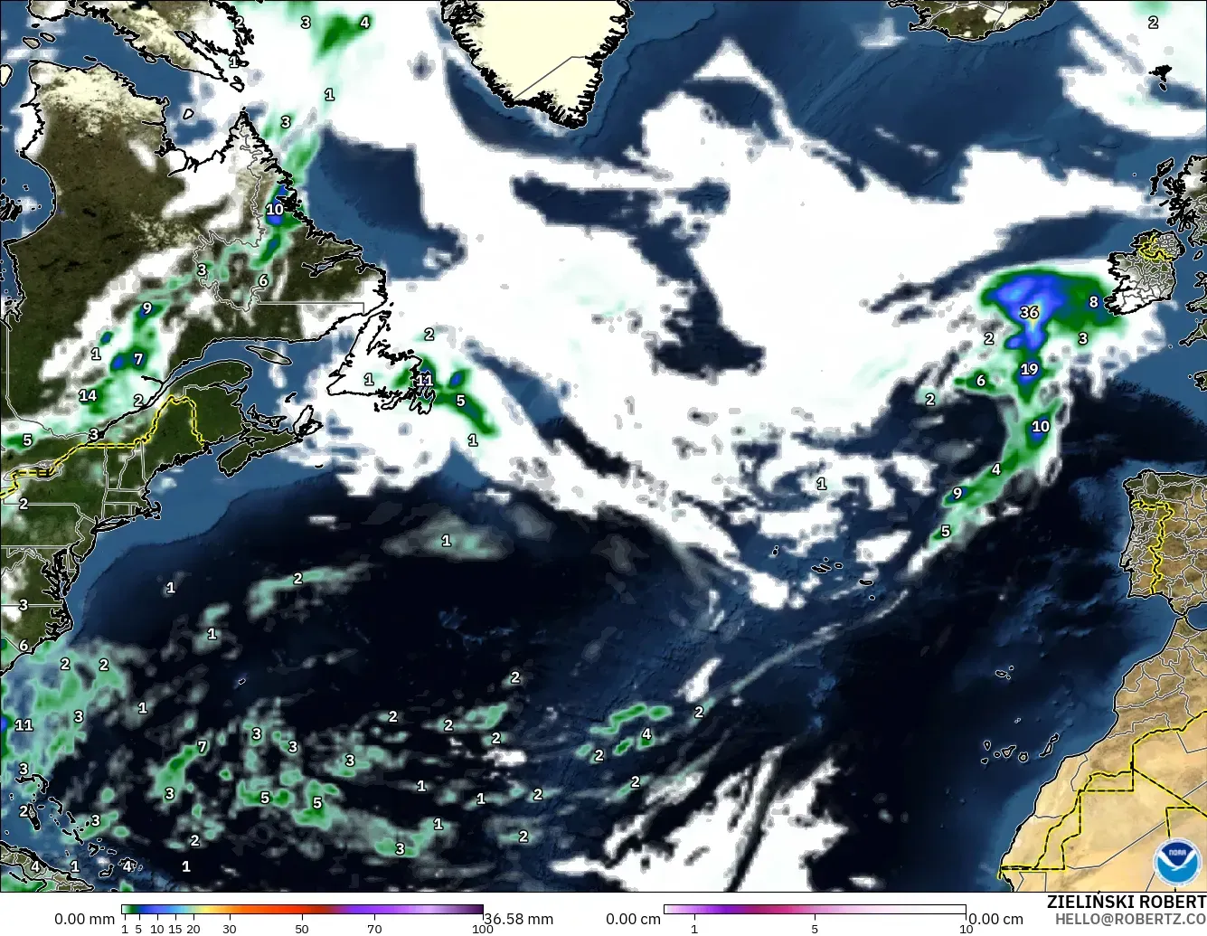 GFS modelo - Norte Atlántico, Precipitación, nubes y presión
