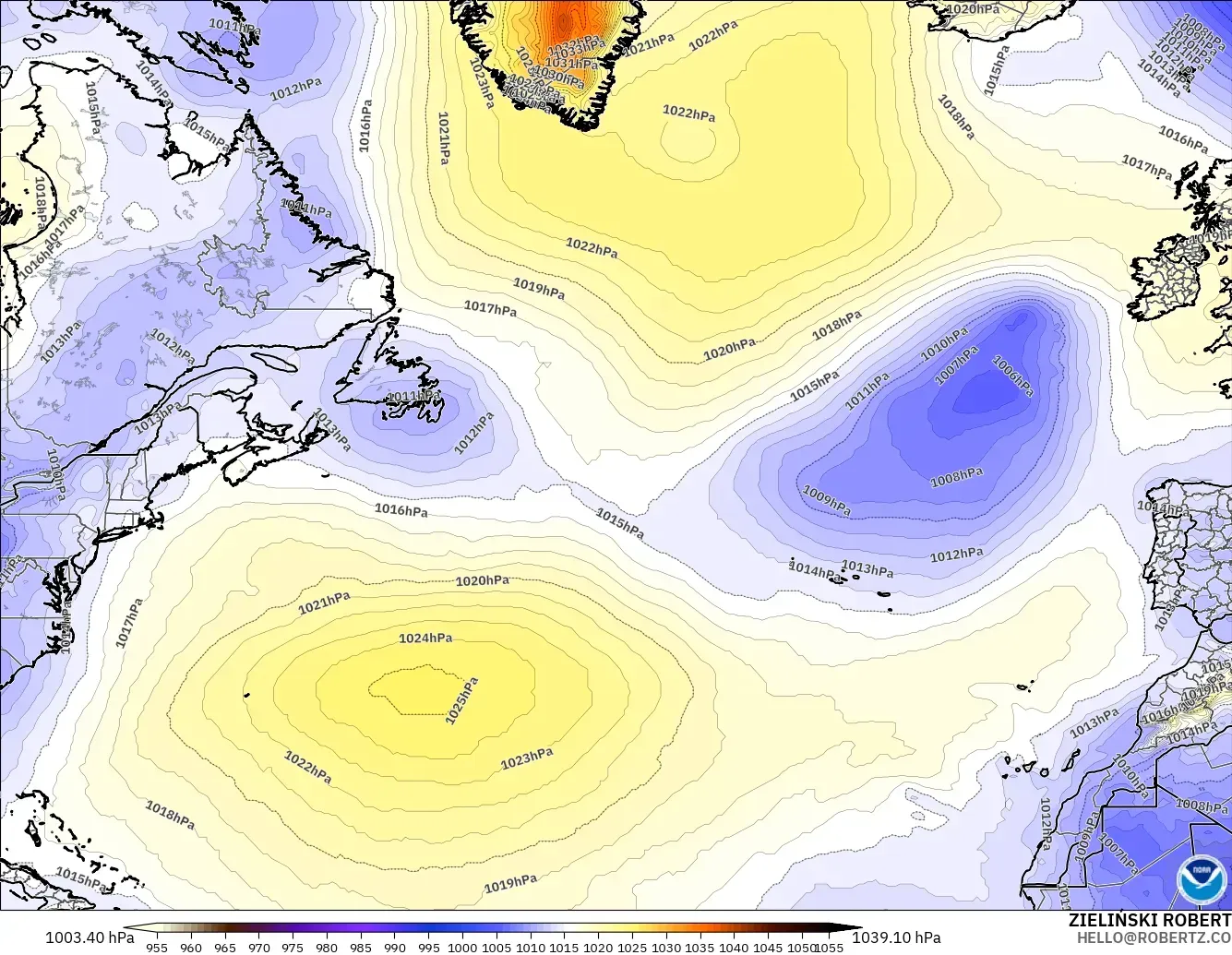GFS modelo - Norte Atlántico, Presión