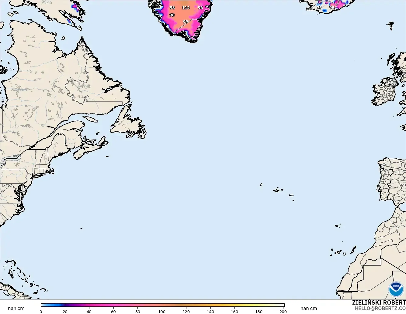 GFS modelo - Norte Atlántico, Profundidad de nieve
