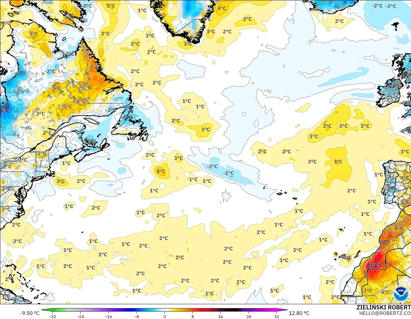 GFS modelo - Norte Atlántico, Anomalía de temperatura a 2 m