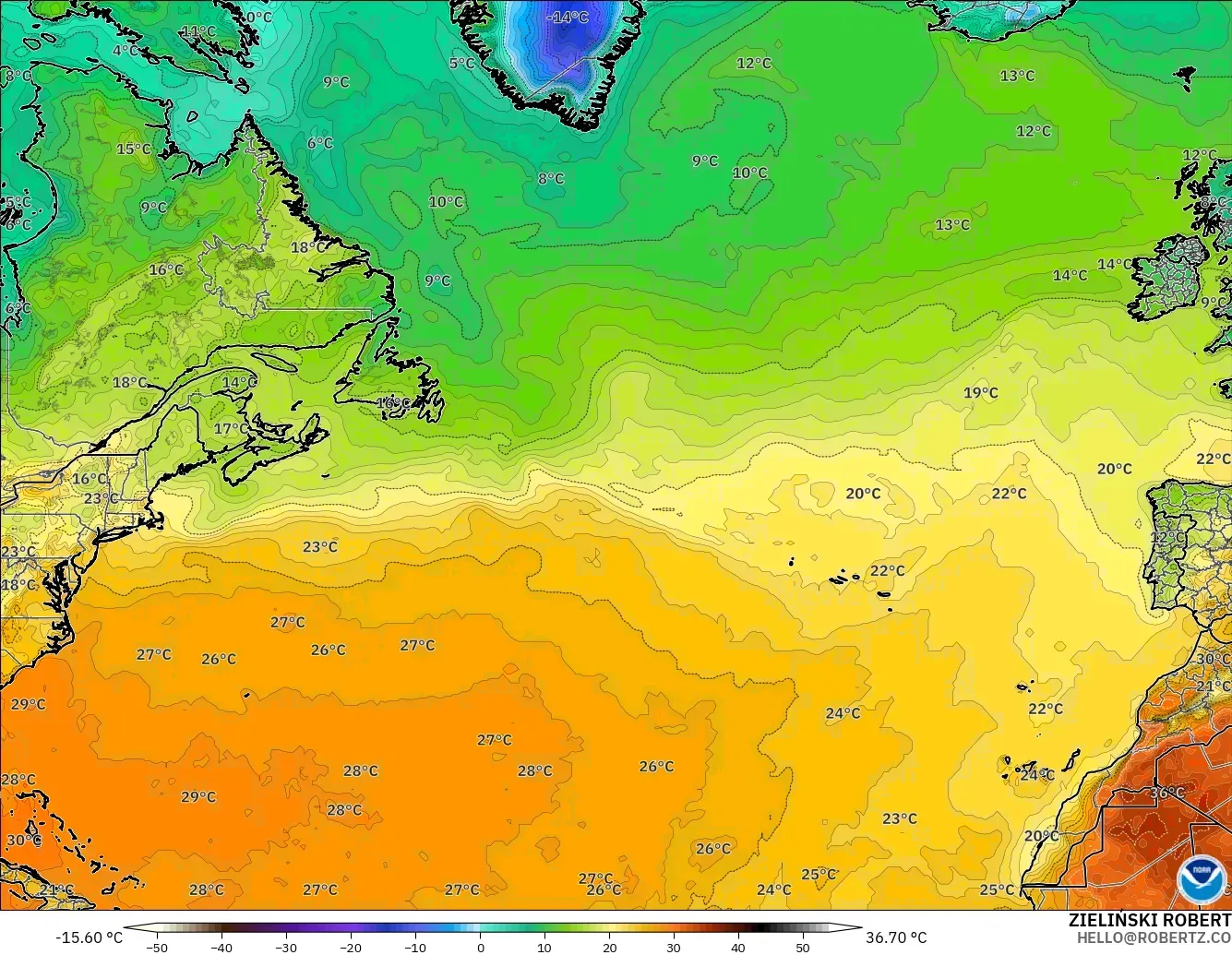 GFS modelo - Norte Atlántico, Temperatura a 2 m