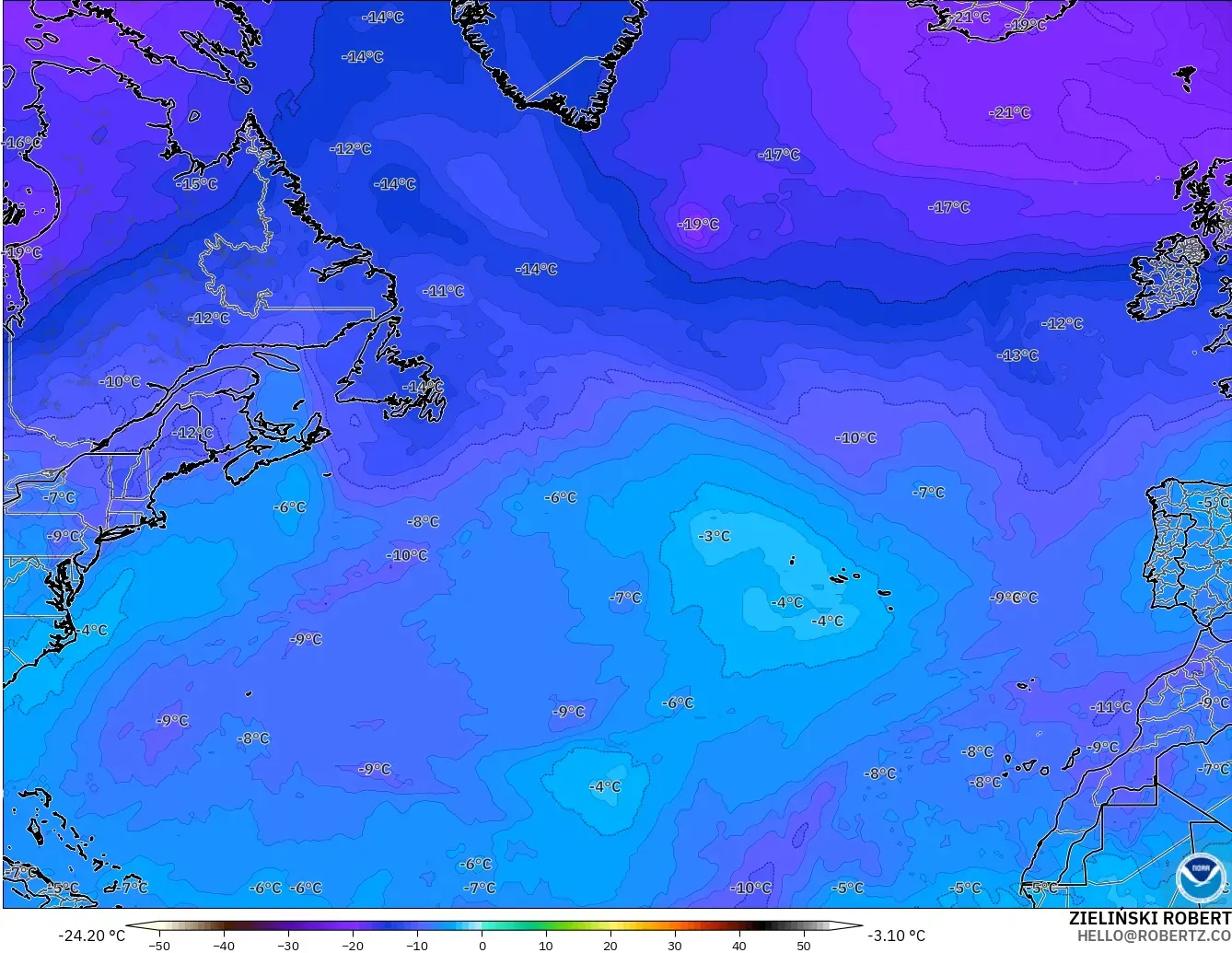 GFS modelo - Norte Atlántico, Temperatura a 500 hPa