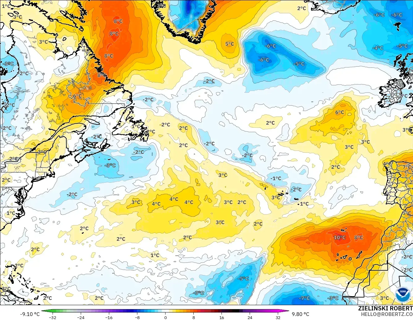 GFS modelo - Norte Atlántico, Anomalía de temperatura a 850 hPa