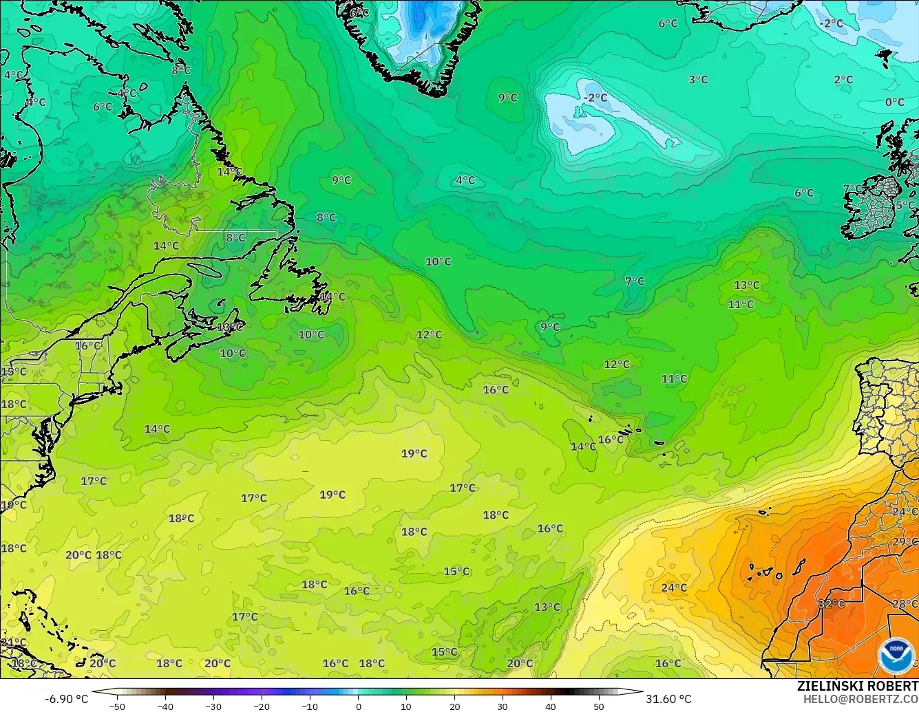 GFS modelo - Norte Atlántico, Temperatura a 850 hPa
