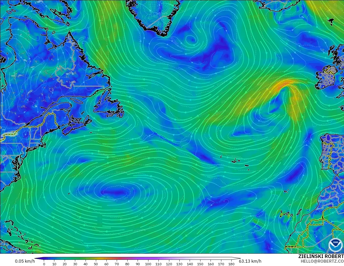 GFS modelo - Norte Atlántico, Viento a 10 m