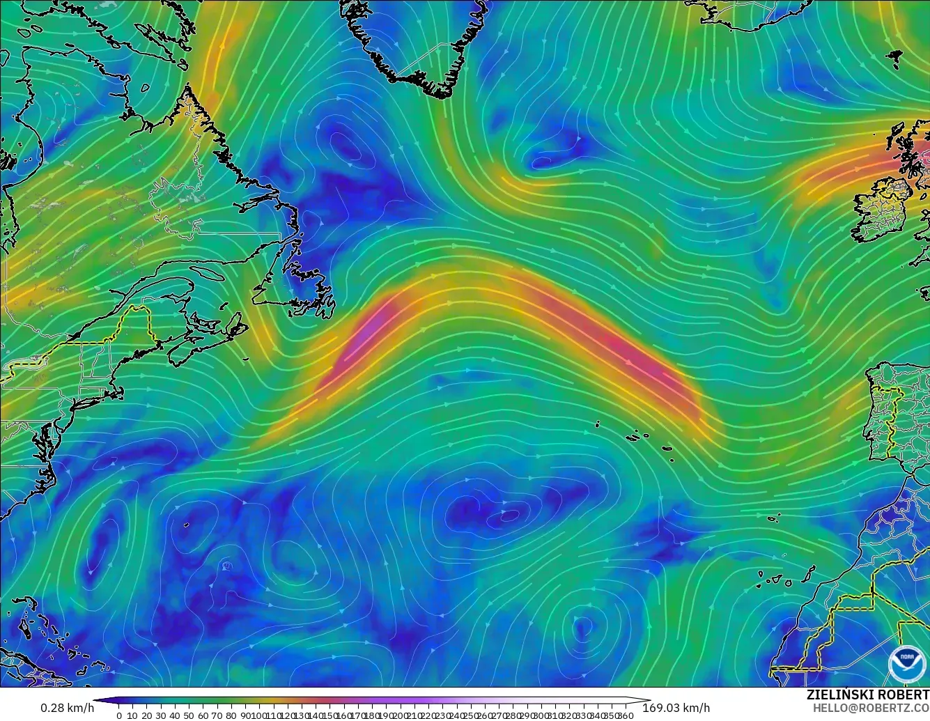 GFS modelo - Norte Atlántico, Viento a 300 hPa (corriente en chorro)