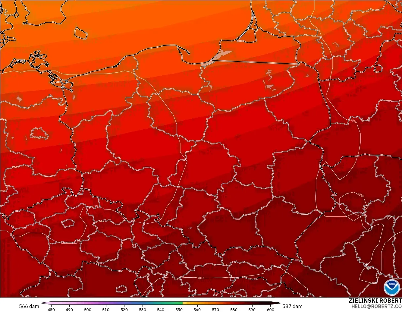 GFS modelo - Polonia, Altura geopotencial a 500 hPa