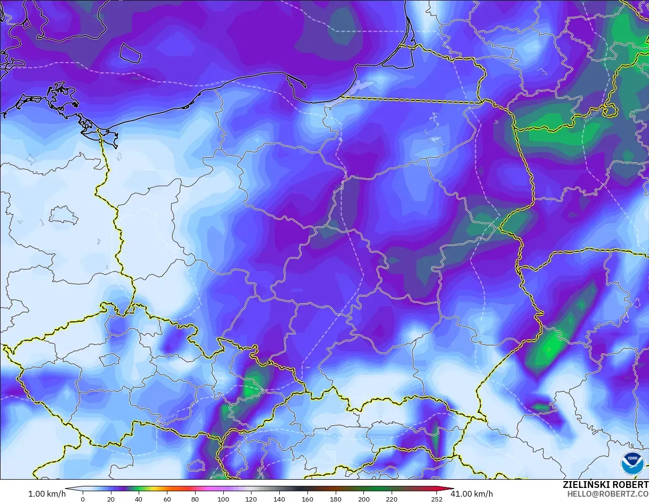 GFS modelo - Polonia, Ráfagas de Viento Máximas
