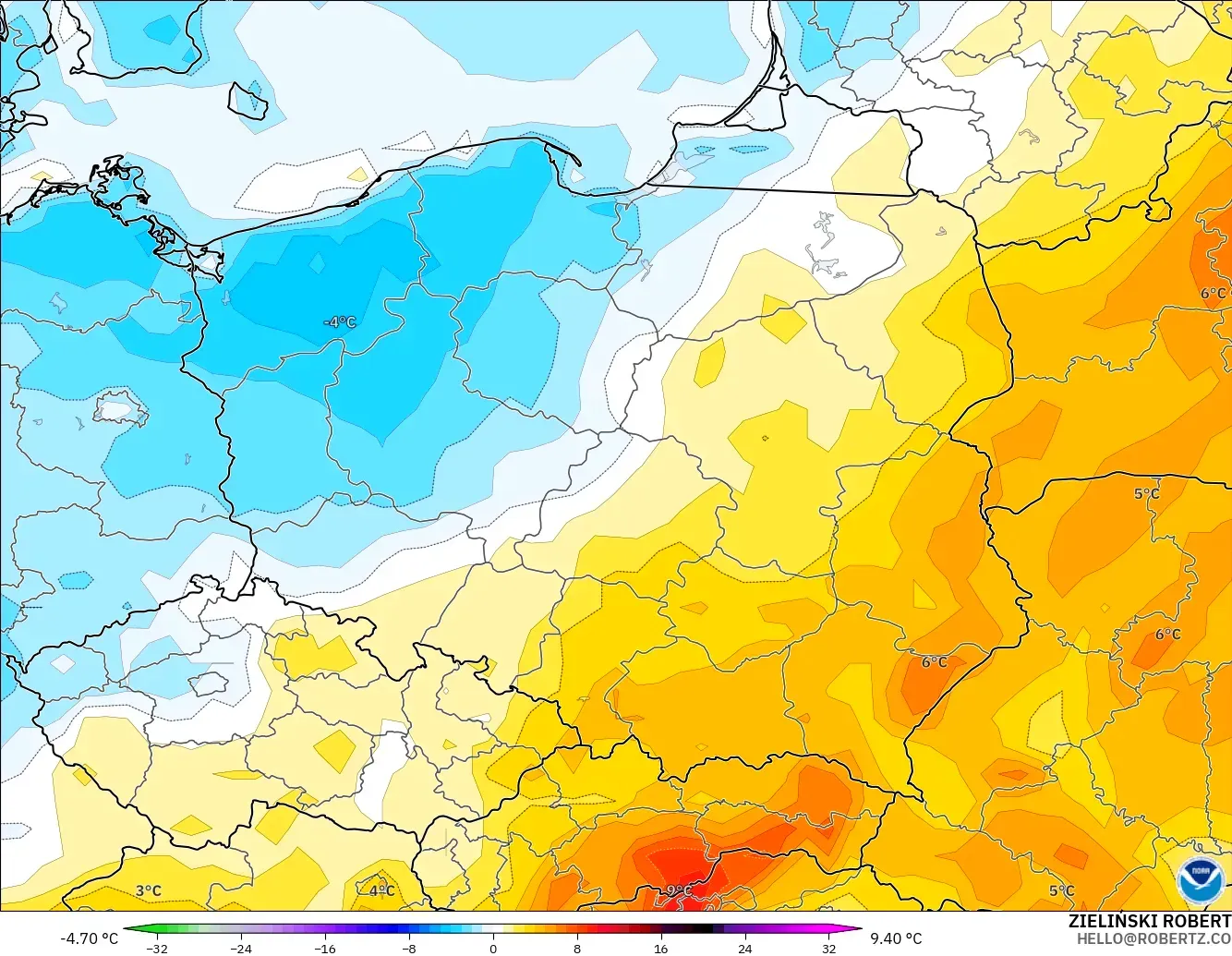 GFS modelo - Polonia, Anomalía de temperatura a 2 m